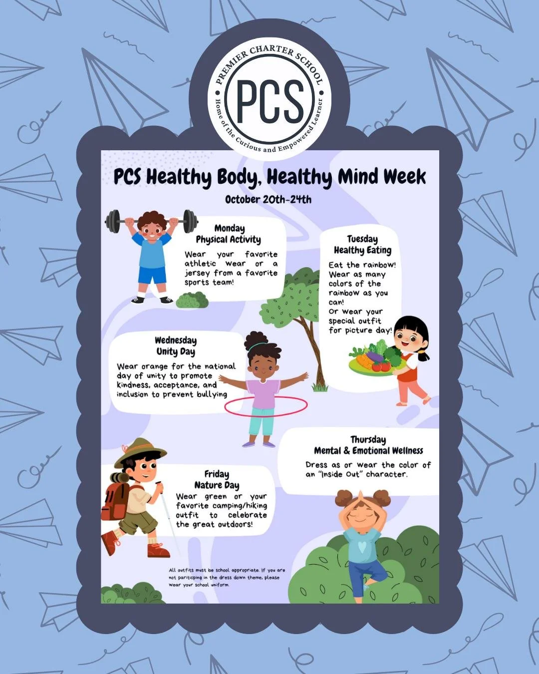💪🧠 Get ready, PCS! Next week is Healthy Body, Healthy Mind Week! 🎉
We’ll have fun dress-down days all week long (check out the themes!) and a food drive supporting the St. Louis Food Bank. 💙

🛒 Each building will have its own collection bu