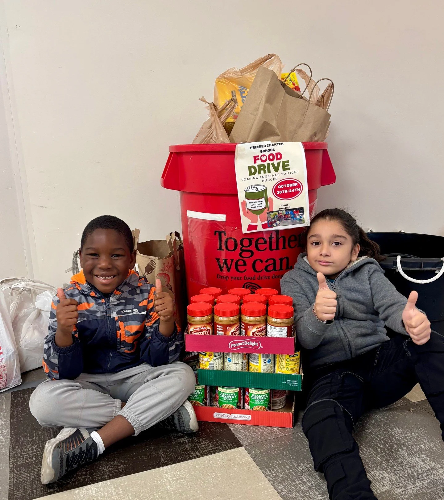 Three bins and an overflow of kindness! 🥫 We're so proud of our community for their generosity. Thanks to the donations collected via PCS, we delivered a huge pile of food to the St. Louis Food Bank! Look at these happy helpers! ❤️ 
#PremierCharterS