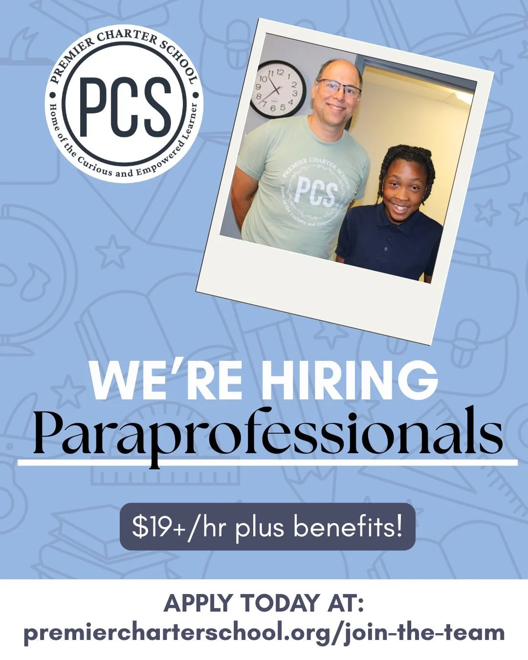 💙 Make a difference every day! PCS is hiring paraprofessionals to support and encourage our students. Starting pay is $19/hr + benefits. Apply now at premiercharterschool.org/join-the-team.