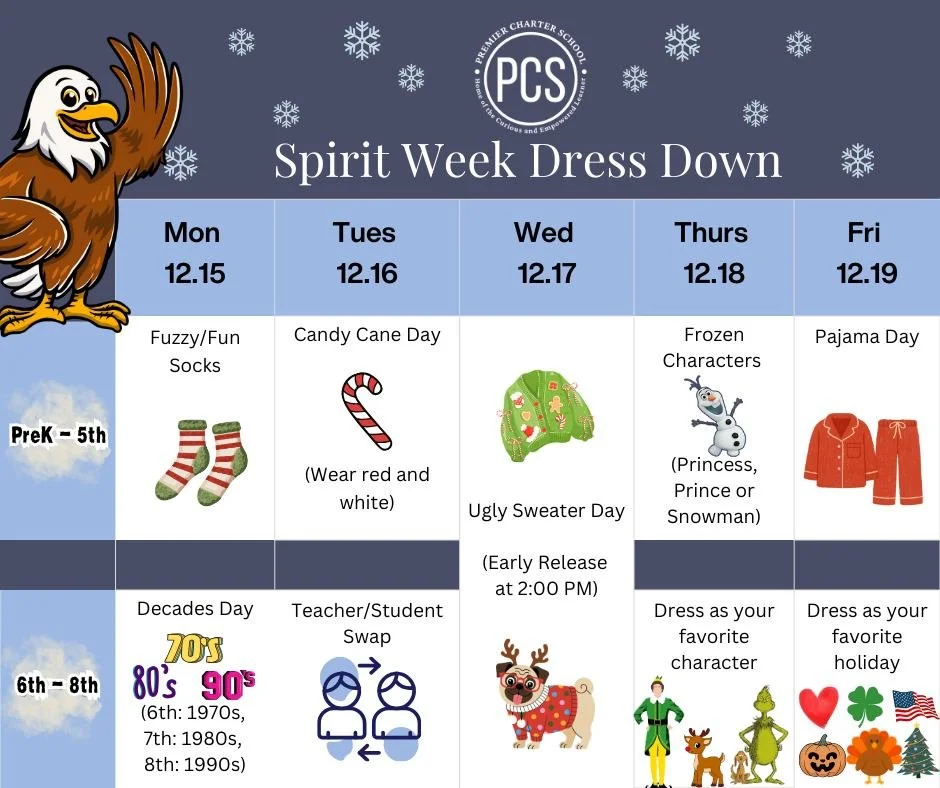 Get ready to dress down! 🎉 PCS Spirit Week is next week, December 15th-19th!

Check out the flyer for the daily themes. We have different dress-downs for PreK-5th and 6th-8th grades, so plan your outfits now!

Don't forget: Early Release on Wednesda