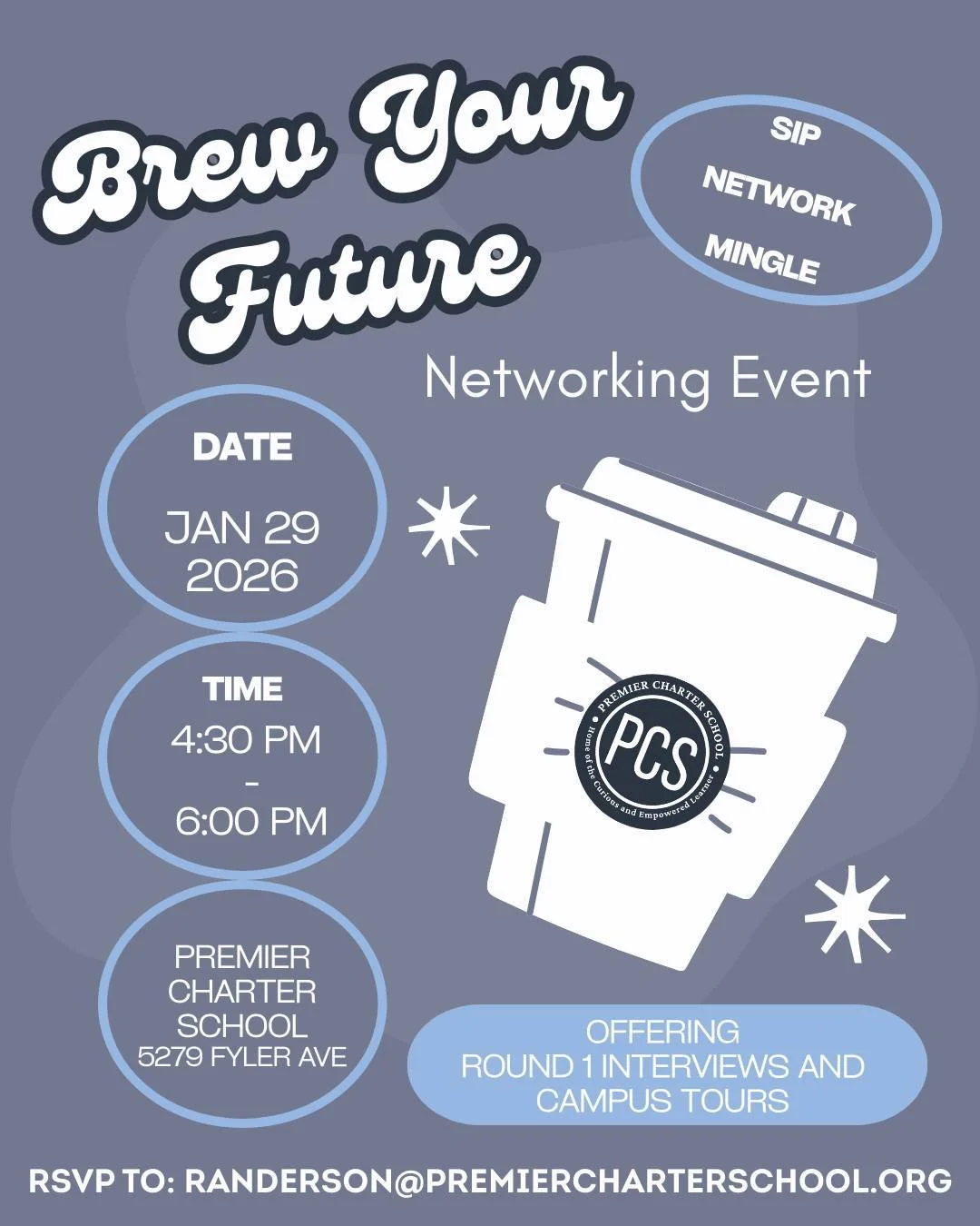 Big things are brewing at Premier Charter School! ☕️🎓

We’re hosting a networking event for certified teachers interested in joining our faculty. Come for the tour, stay for the interview, and see what makes PCS a special place to work.

📝 To
