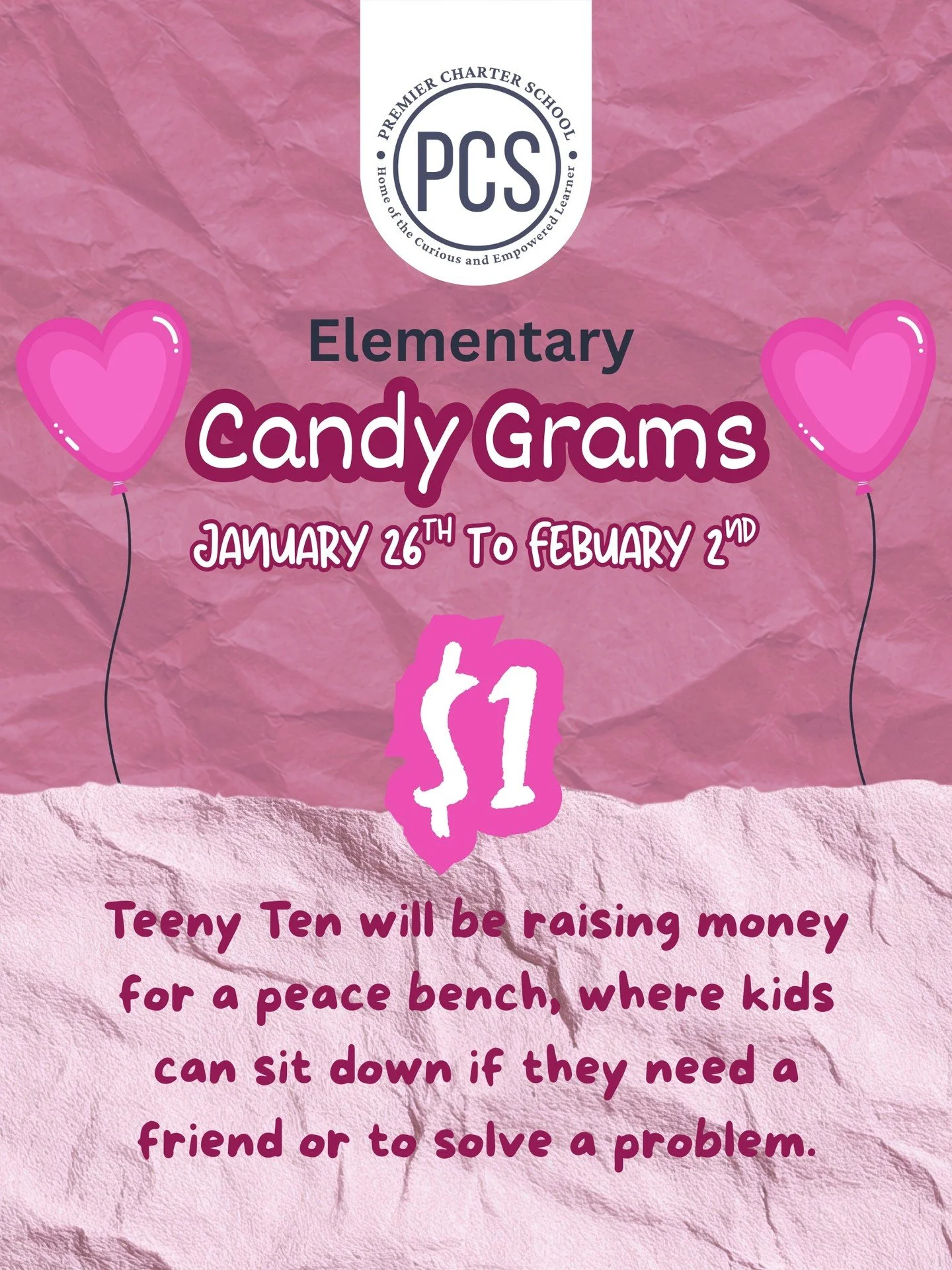 Candy Grams are back for our elementary students! 🍬
From January 26th&ndash;February 2nd, Teeny Ten students will be selling candy grams for $1 in the main elementary hallway during morning drop-off.