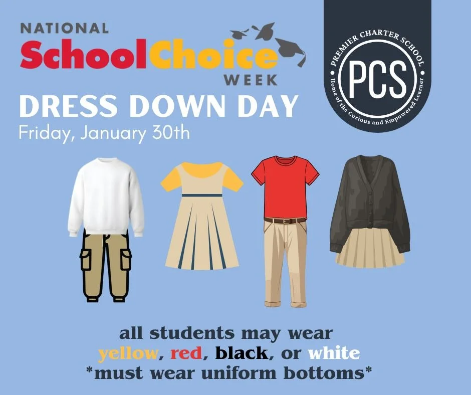 Don&rsquo;t forget to send your Eagles to school in National School Choice Week colors tomorrow! 💛❤️🖤🤍
Dress down is optional&mdash;students may also wear their regular uniform.
If dressing down, uniform bottoms are still required.