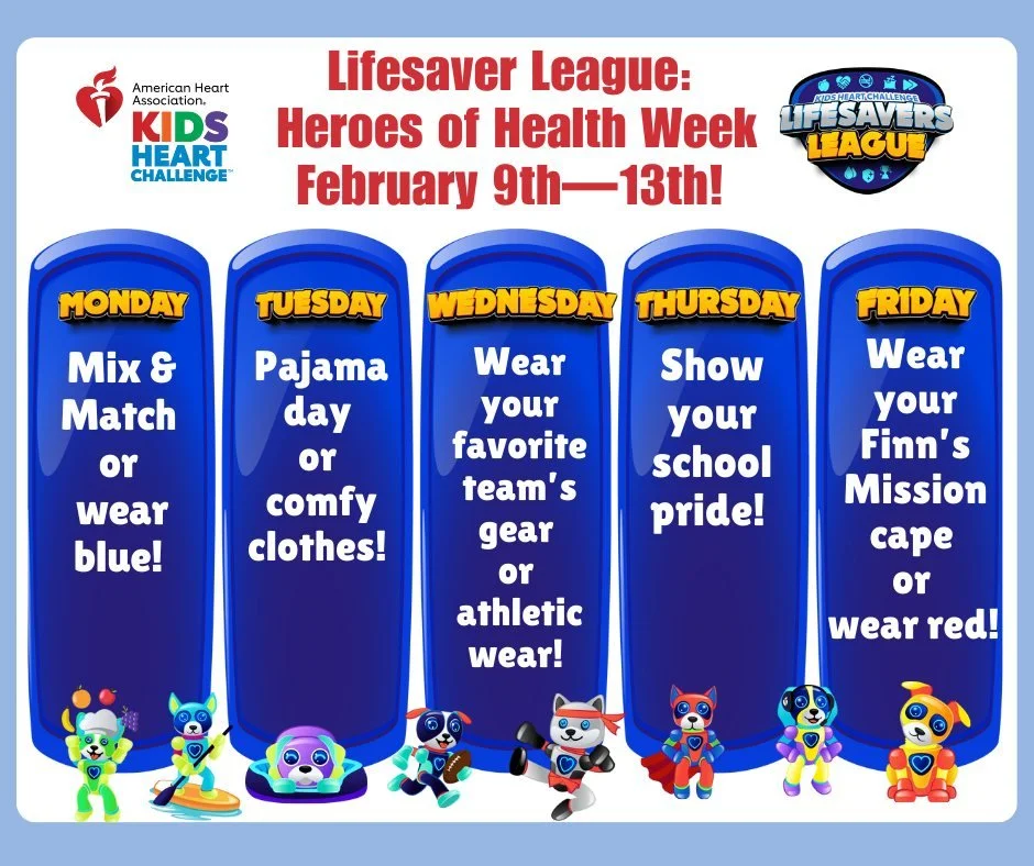 ❤️ Reminder: Kids Heart Challenge Dress Down Week is next week!
Daily themes are listed here, and additional details have been shared by teachers and in principal newsletters.