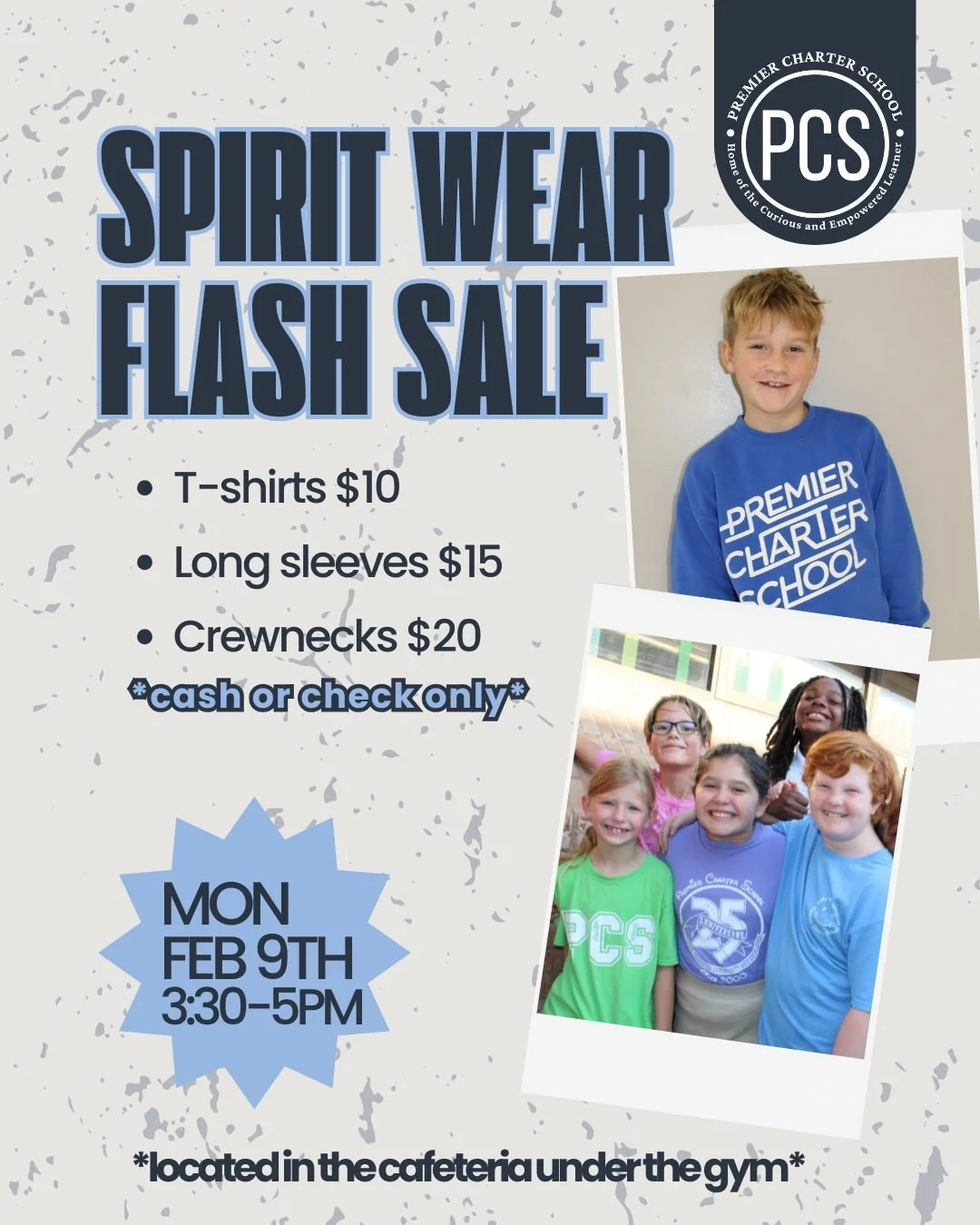 Ready to rep PCS? 
Our Spirit Wear Flash Sale is happening Monday, Feb 9 from dismissal&ndash;5 PM in the cafeteria below the gym. Don&rsquo;t miss it!