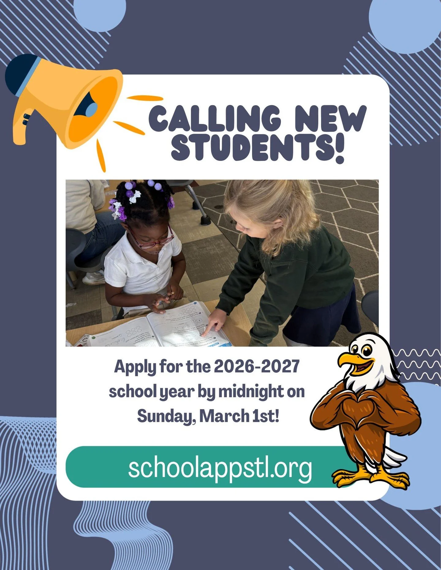 The deadline for our 2026-2027 new student lottery is this Sunday, March 1st. Make sure your application is in by midnight to be considered in the first round!

Head to schoolappstl.org to get started. We can’t wait to meet our new students!