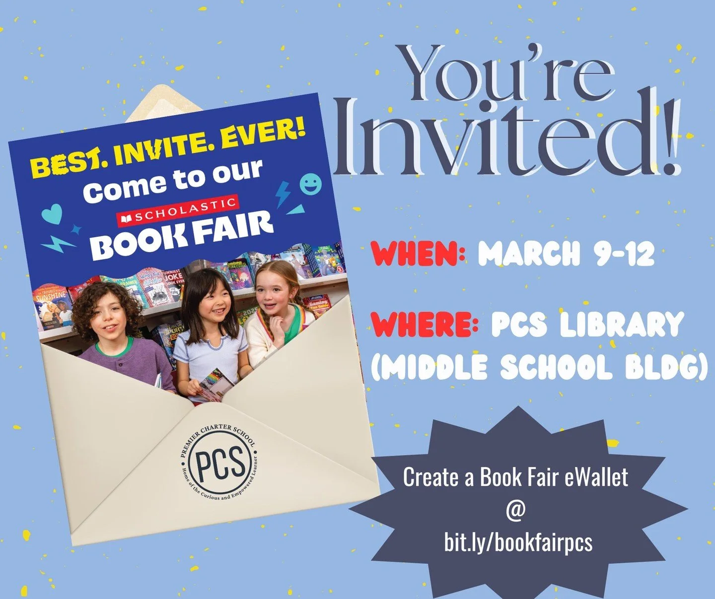 📚 Mark your calendars, PCS families!
The Scholastic Book Fair is coming to the PCS Library (Middle School Bldg) next week, March 9&ndash;12!

We want to make sure every student is ready to shop, so we&rsquo;re encouraging families to set up a Book F