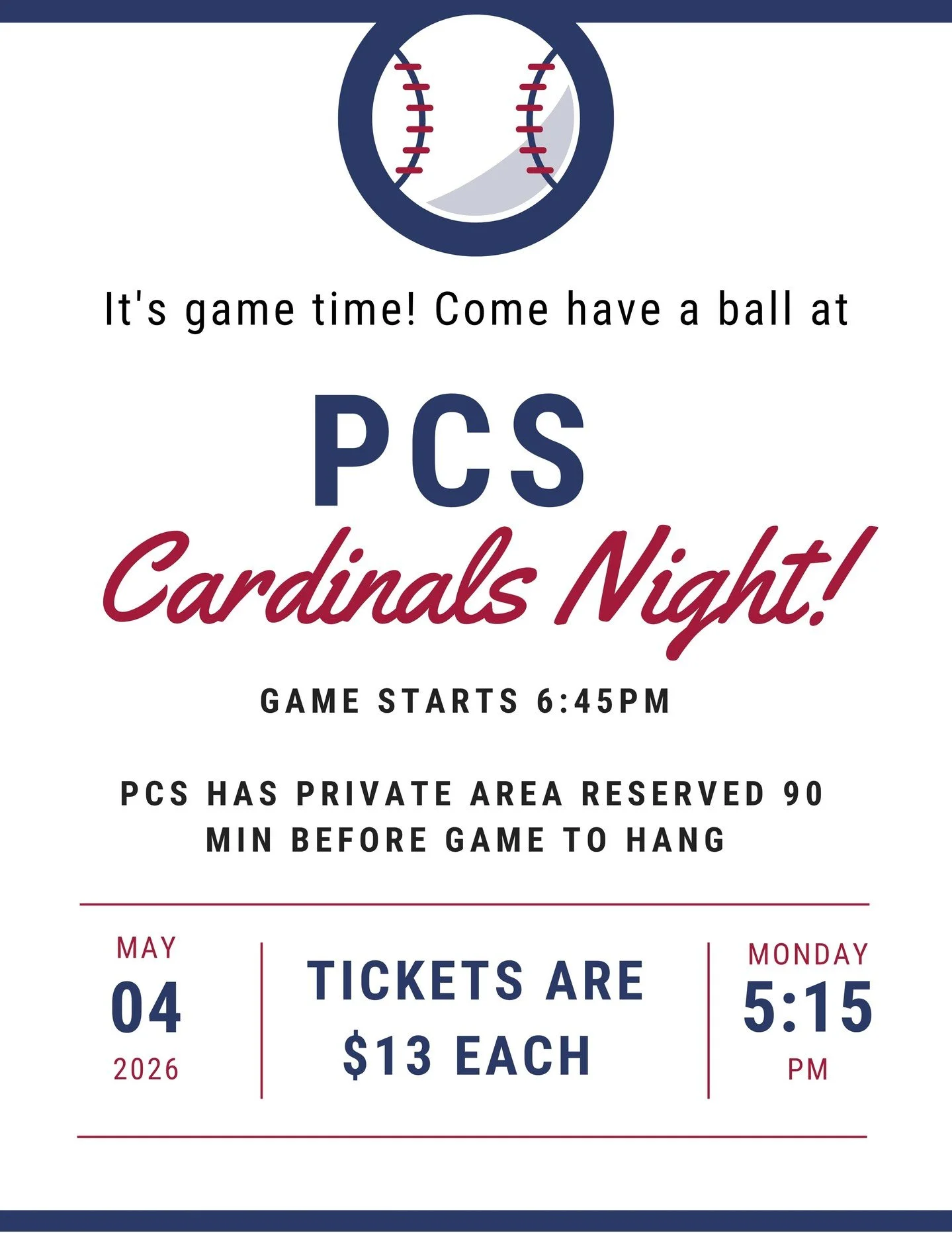 ⚾ It&rsquo;s game time, PCS!
Join us for a night at the ballpark at our PCS Cardinals Night! ❤️💙

🎟 Tickets: $13
📅 May 4, 2026
⏰ Meet up starts at 5:15 PM | Game at 6:45 PM

Forms are available at the front office of each building. Cash or check o