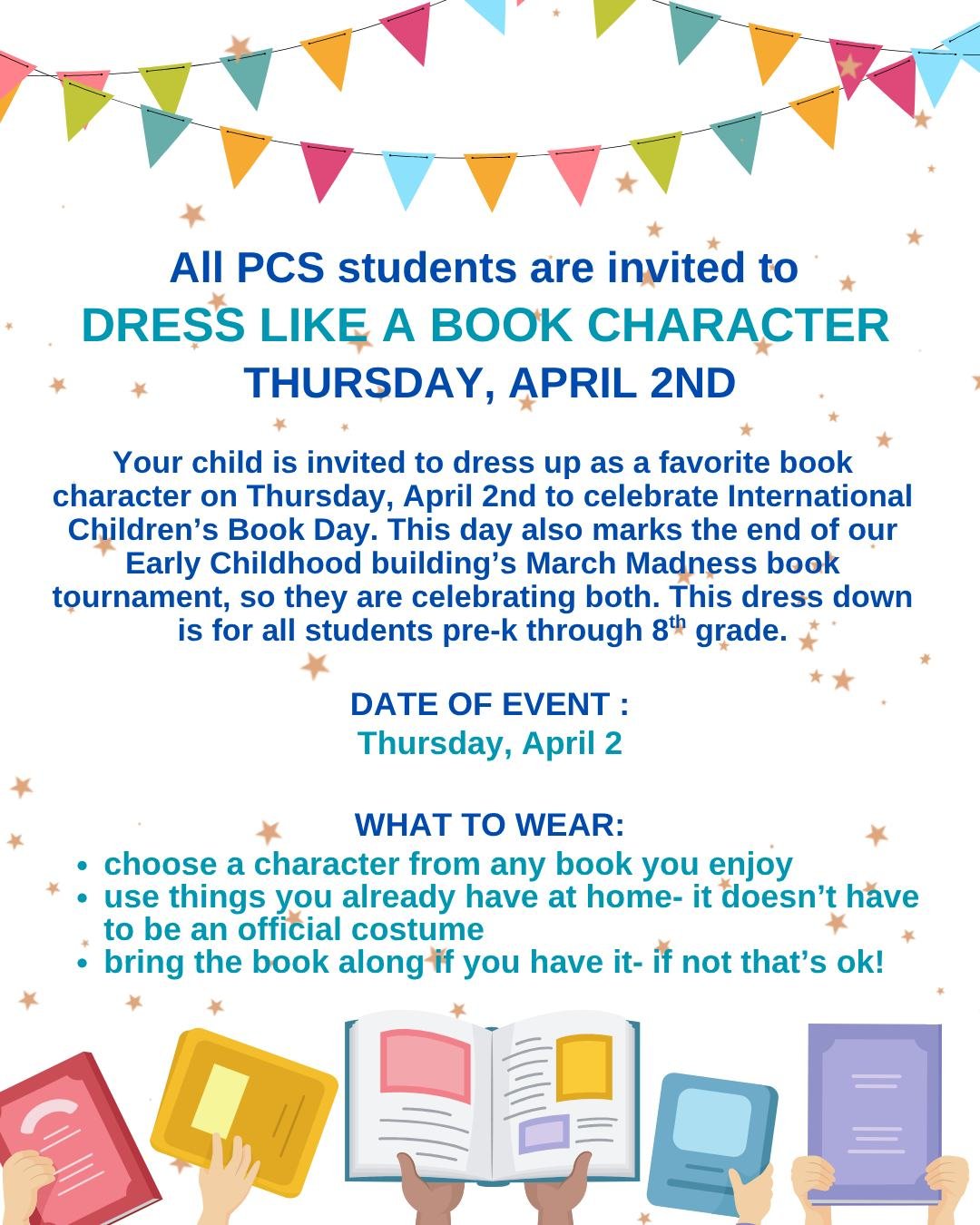 PCS is turning into a storybook! 📖
In celebration of International Children&rsquo;s Book Day, all students&mdash;PreK through 8th grade&mdash;are invited to dress as their favorite book character this Thursday. We can&rsquo;t wait to see our entire 