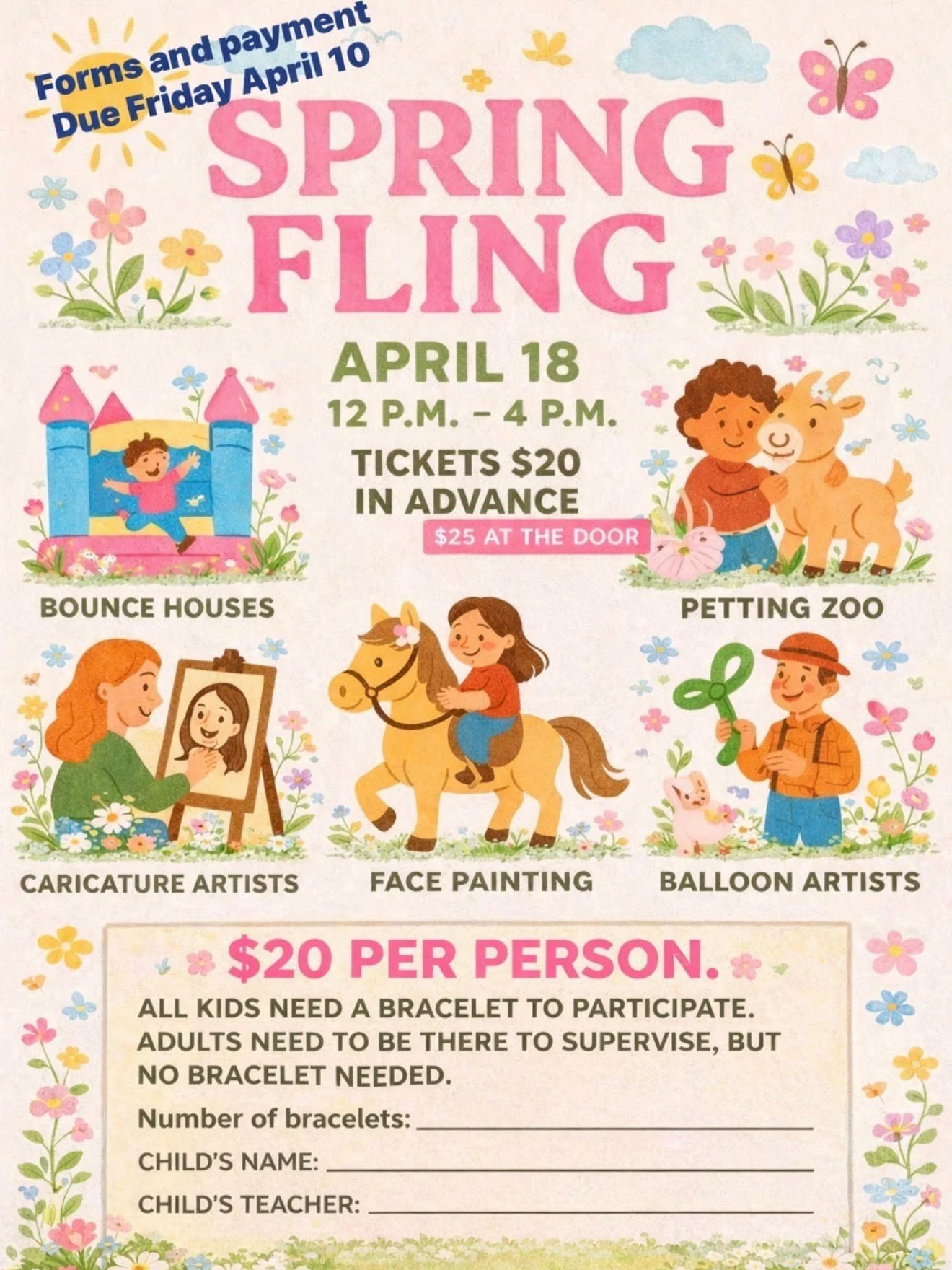 Spring fun is on the way! 🌸🎉
Flyers for our Spring Fling (April 18, 12&ndash;4 PM) are heading home in backpacks today&mdash;be sure to check for yours!

This event is a make-up for our Fall Festival, so if you already purchased a wristband in the 