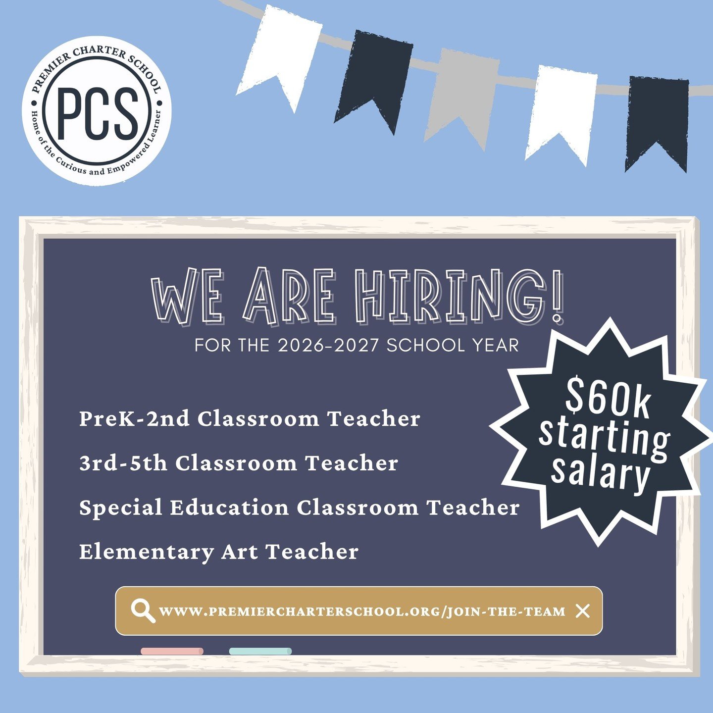 Great schools are built by great people 💙
As we prepare for the 2026&ndash;2027 school year, Premier Charter School is looking for passionate educators to join our team. From classroom teachers to specialists, every role helps shape meaningful learn