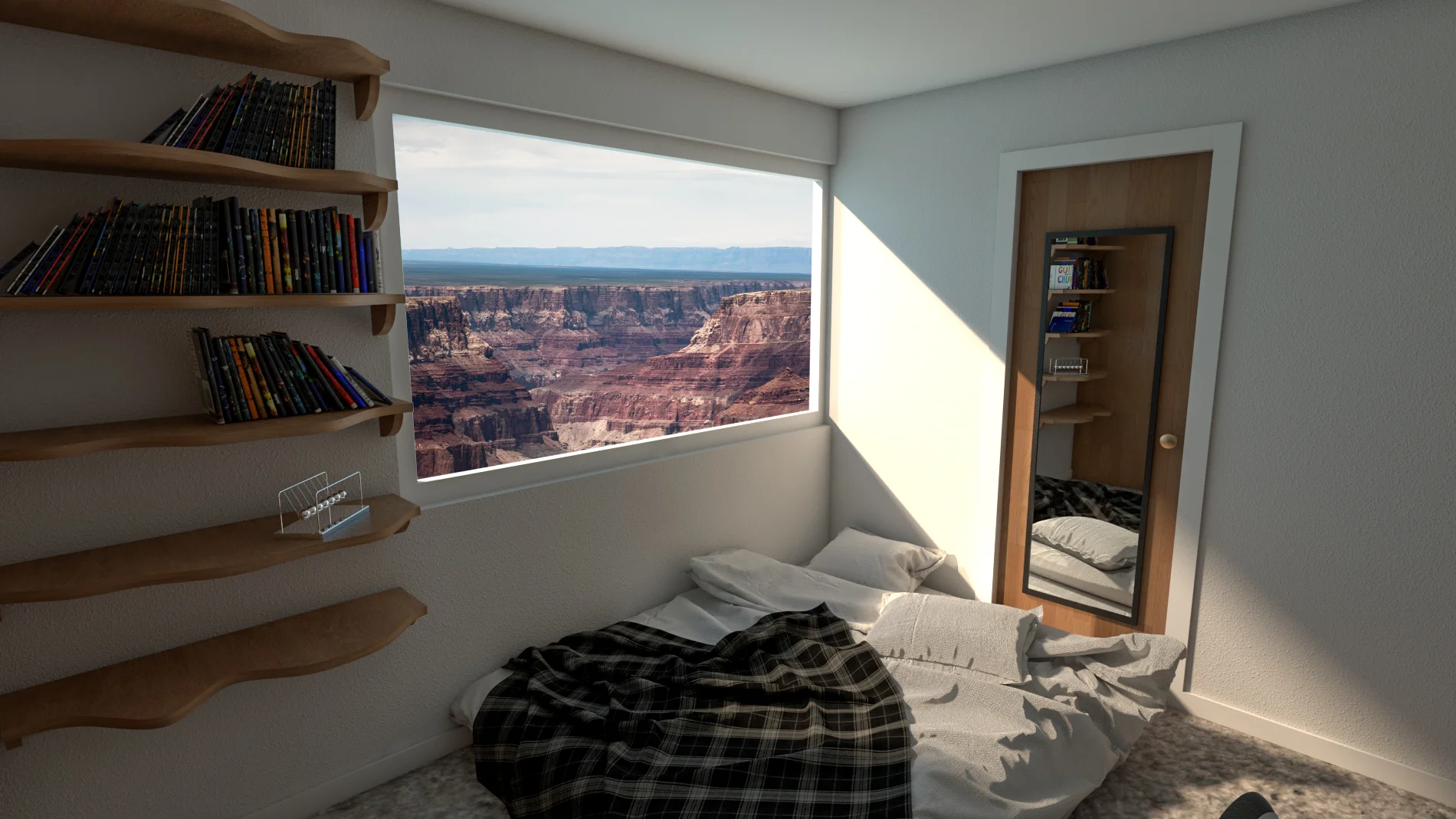 Added A larger window and shelving unit, and changed the location of the room to overlook the Grand Canyon. The undulating shelving unit was cut from a randomized polysurface. 