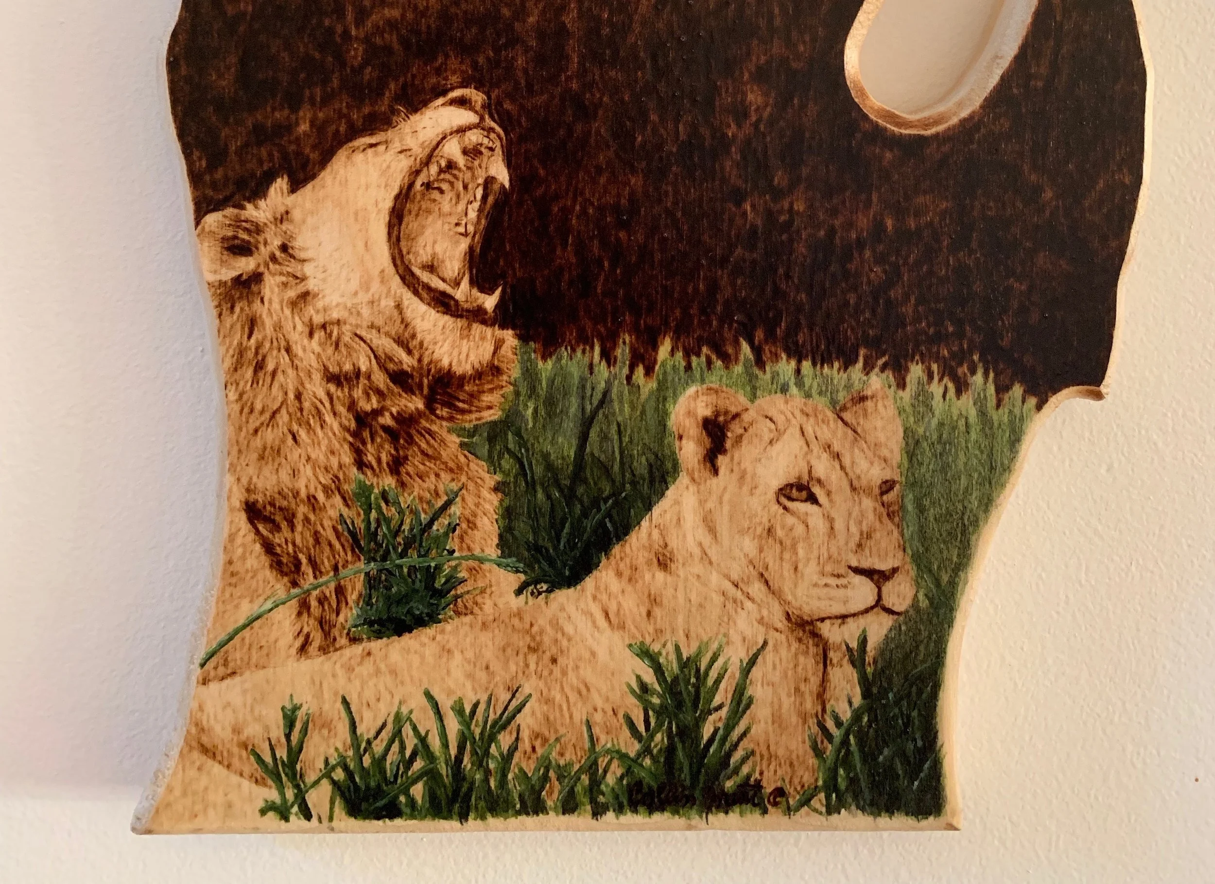 A custom piece for a friend, it entails a wood burned lion and lioness complimented by watercolor on oak.