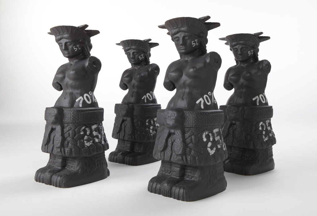 Cast Zambuigua: De Gachupin e India, criado por Tio Sam. Of Gachupin and India, raised by Uncle Sam Each: H22”xW9”xD10” Slip-cast porcelain. Created during the Arts/Industry Residency at Kohler.