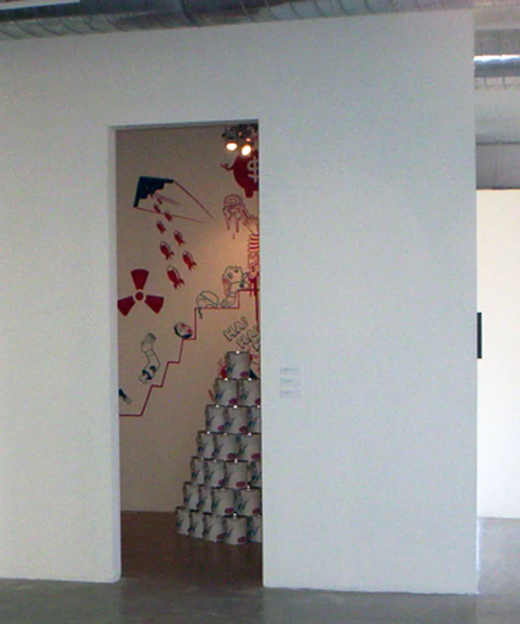Red, White and Blue Light Special Installation with wall drawings and printed paint cans. 8d’x8w’x10h’