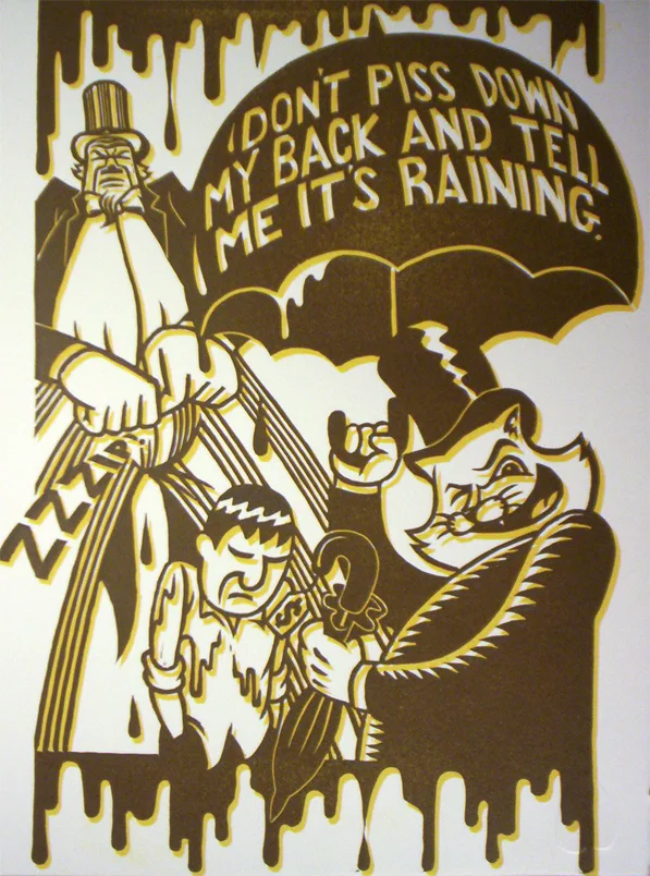 Pissing Down My BackLinoleum cut, 11"x15" Printed at Hoofprint