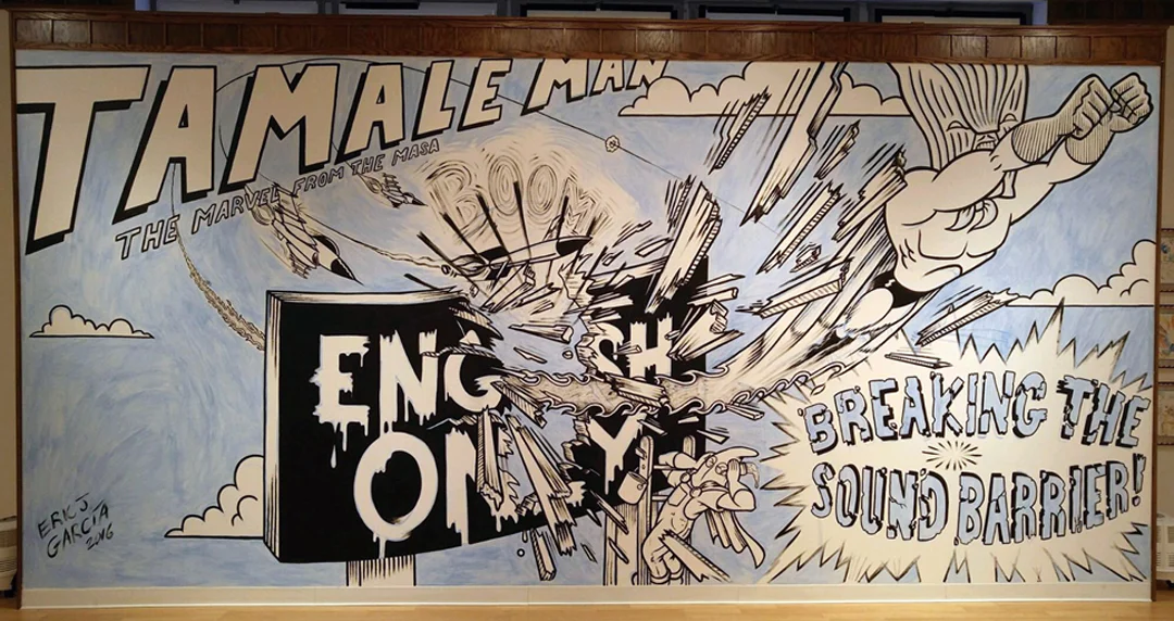 Tamale Man: Breaking the Sound Barrier Acrylic on wall. W21’ x H10’ St Ambrose University, 2016.
