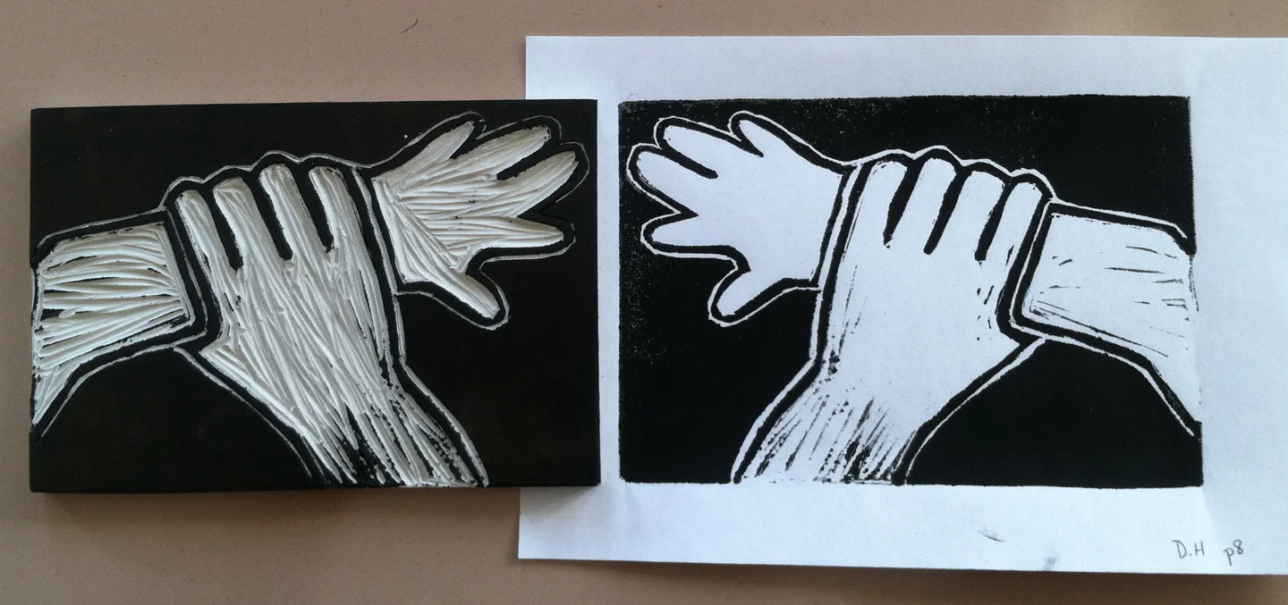 Back of the Yards High School Print Workshop. Printing block and print.