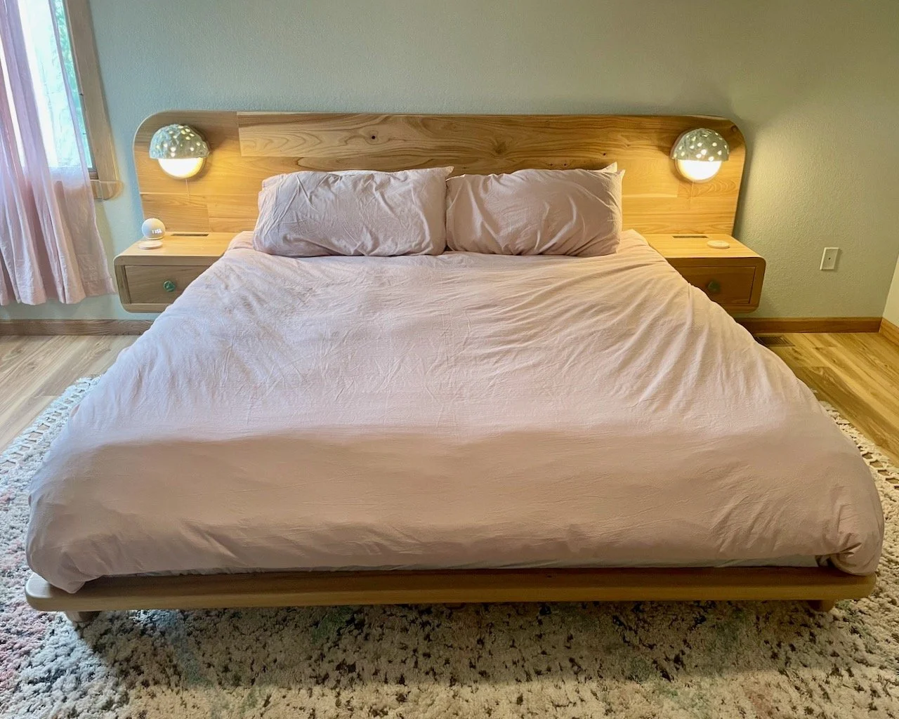 Custom solid Siberian elm king size bed frame with built-in side tables/ lights/ and outlets 