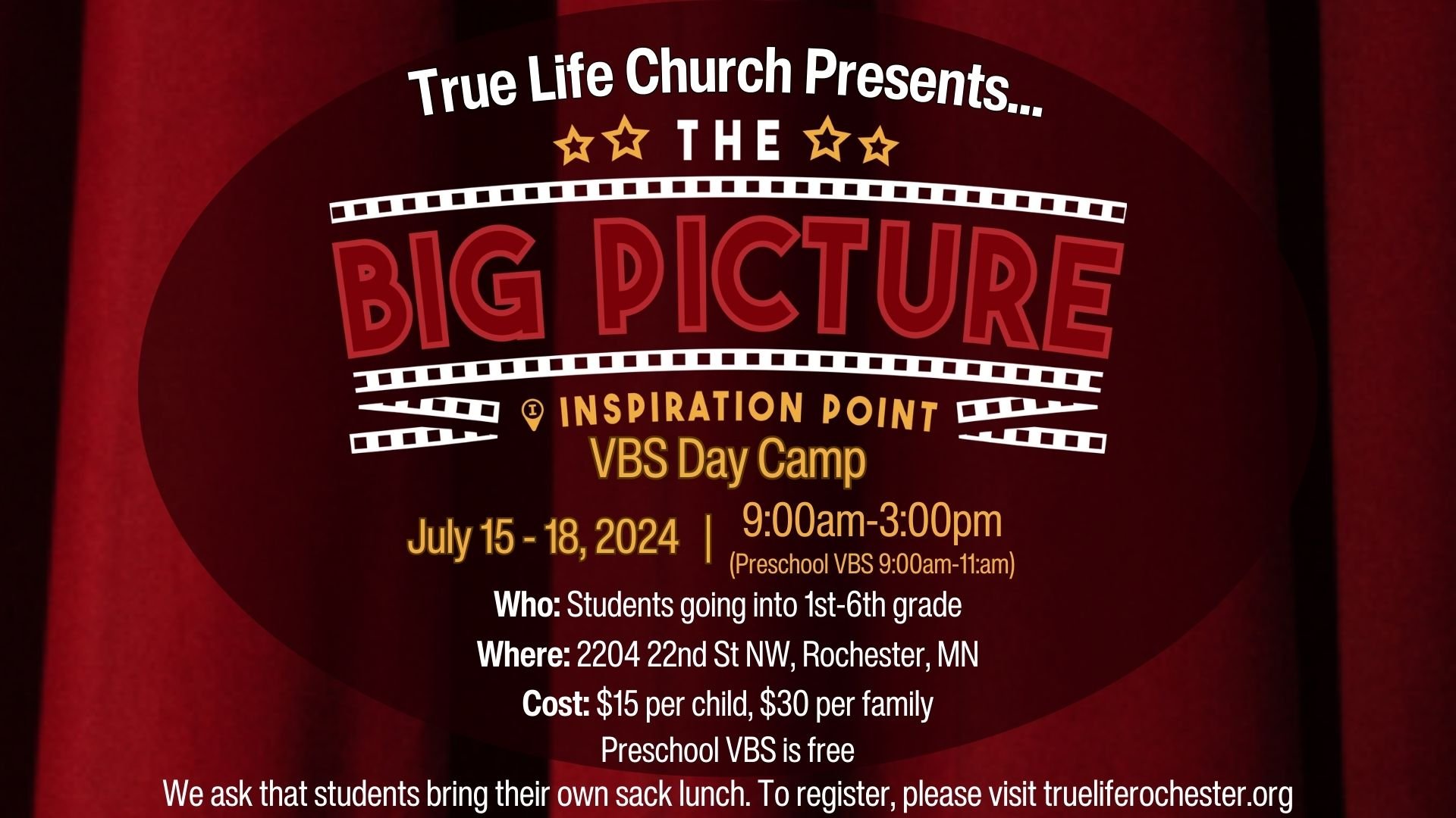 Who Students going into 1st-6th grade Where 2204 22nd St NW, Rochester, MN Cost $15 per child, $30 per family We ask that students bring their own sack lunch To register, please visit trueliferoch (1).jpg