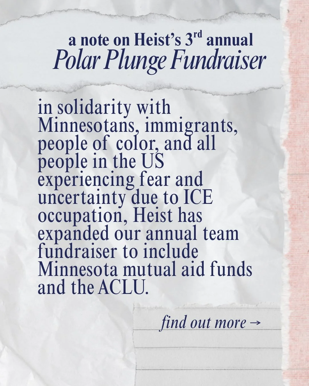 We&rsquo;ve updated the terms of our annual Heist Polar Plunge! Donate to Heist&rsquo;s Player Fund OR Minneapolis mutual aid funds to get your favorite player in a freezing lake. ✨