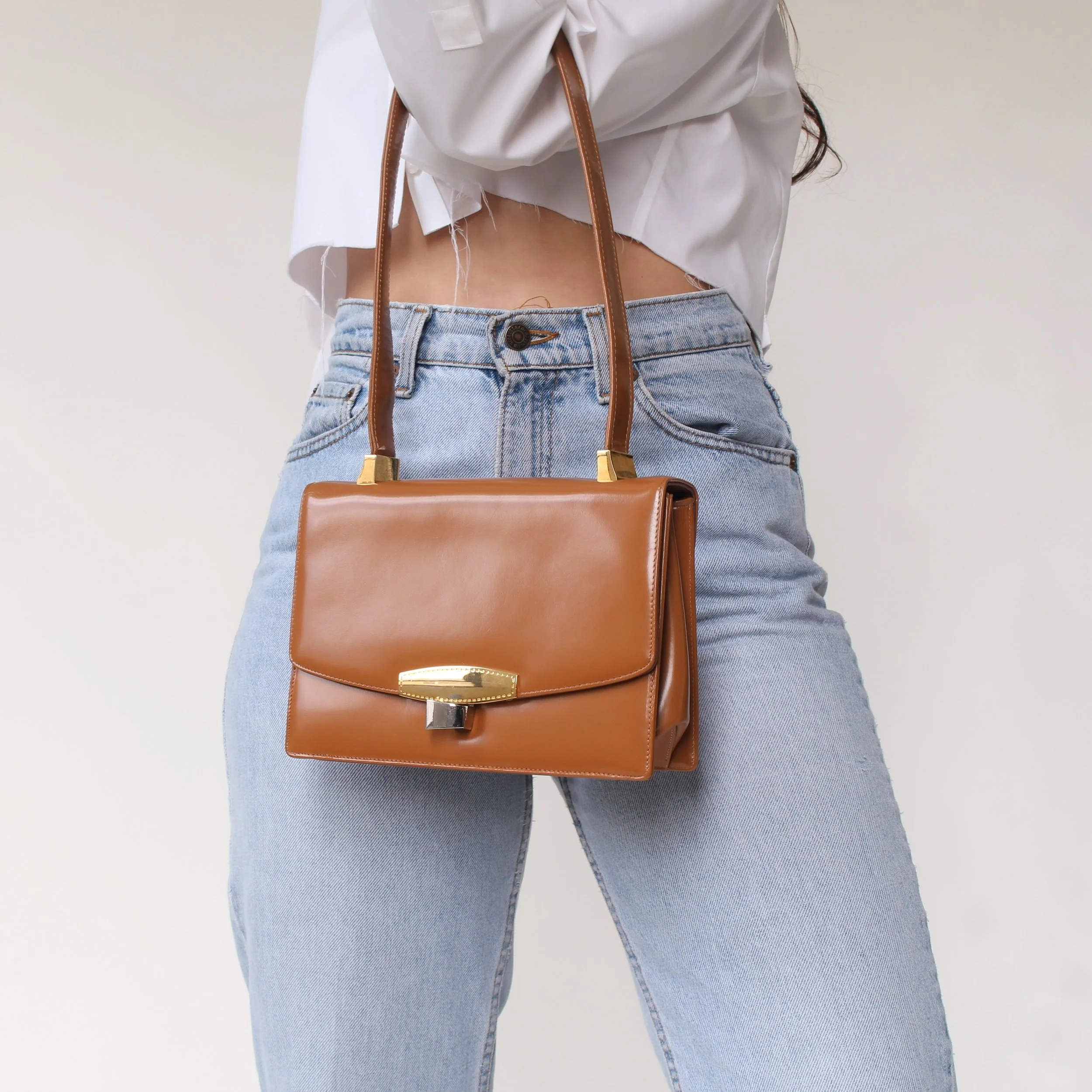 Vintage Caramel Structured Patent Leather Bag