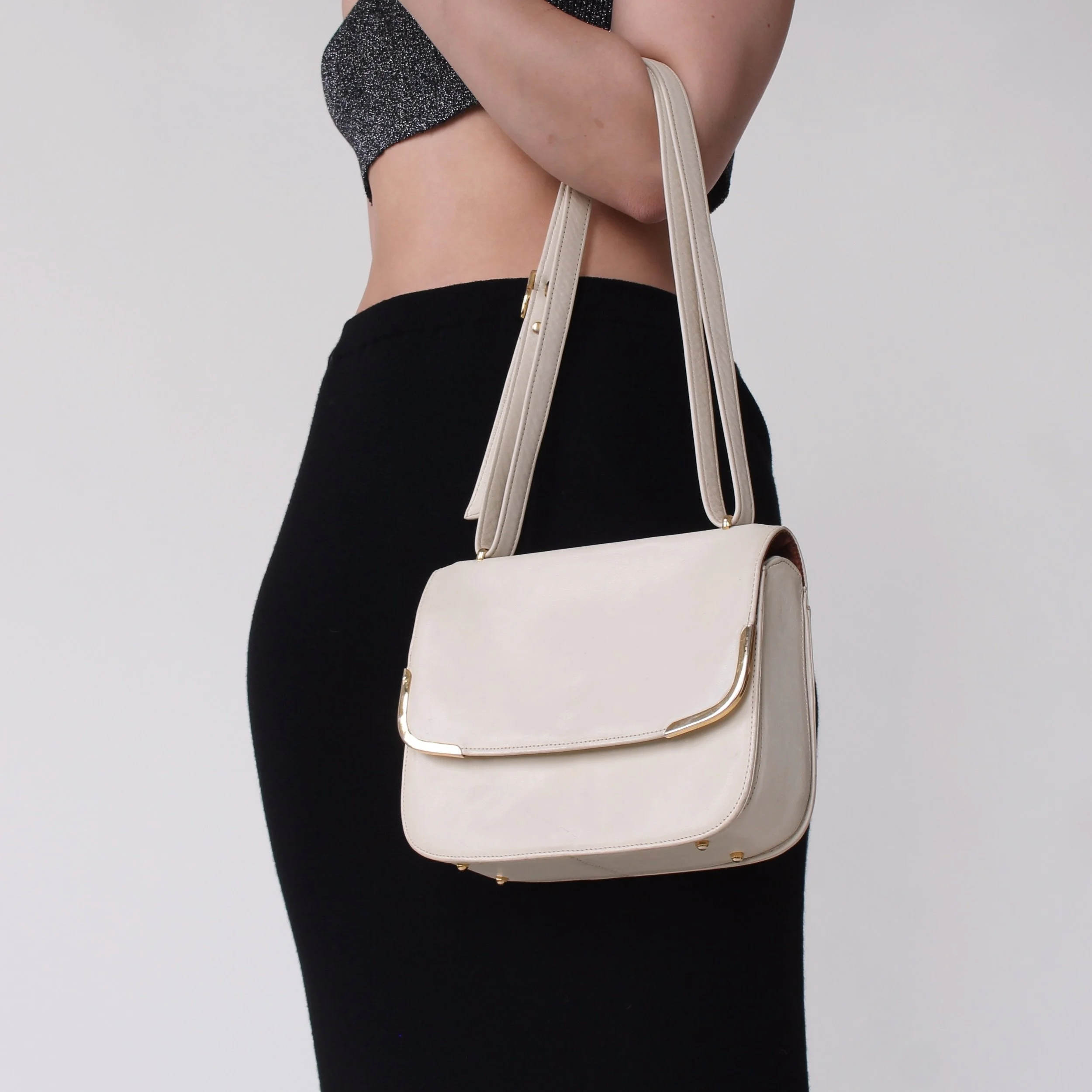 Vintage Ivory Leather Shoulder Bag