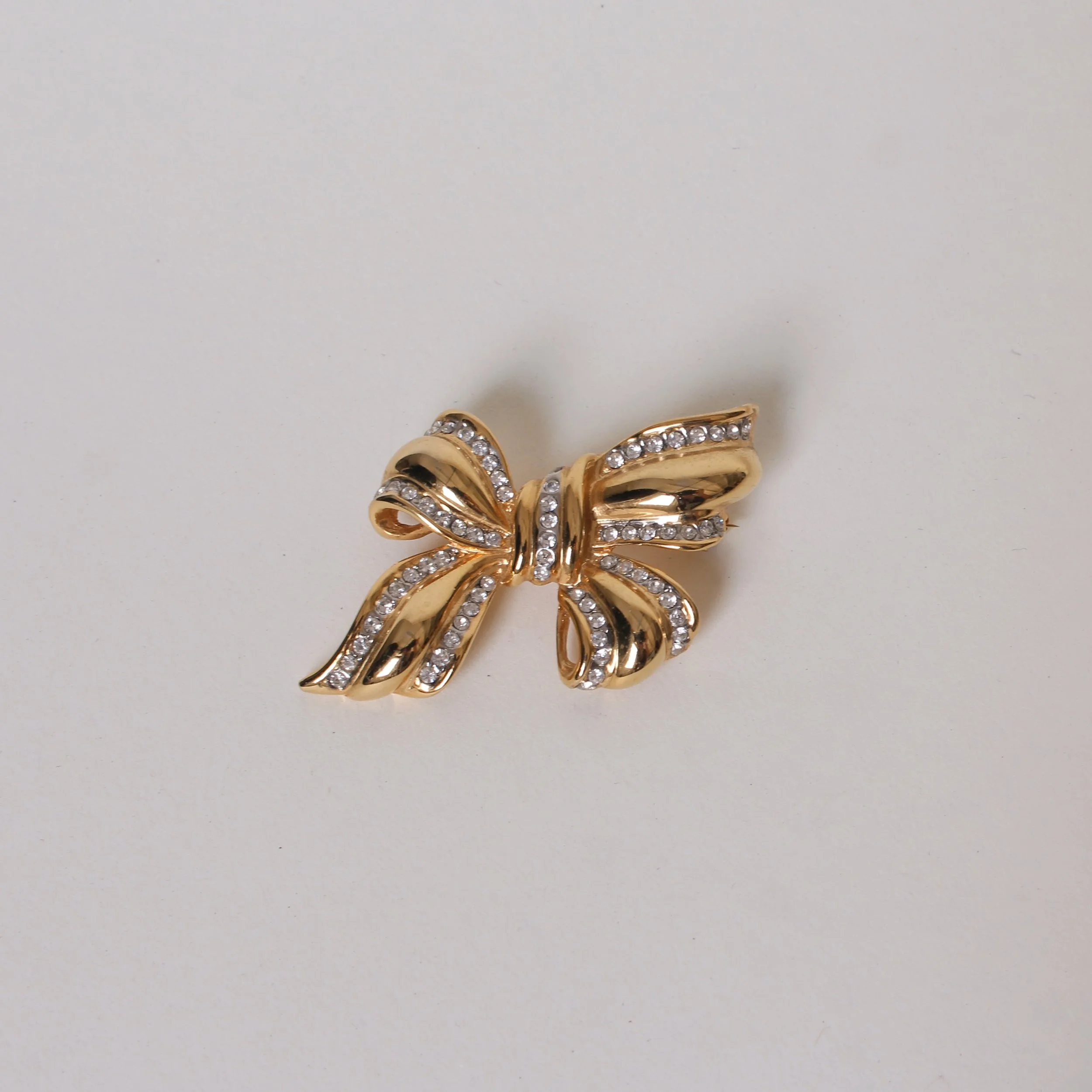 Vintage Gold Tone Rhinestone Bow Brooch
