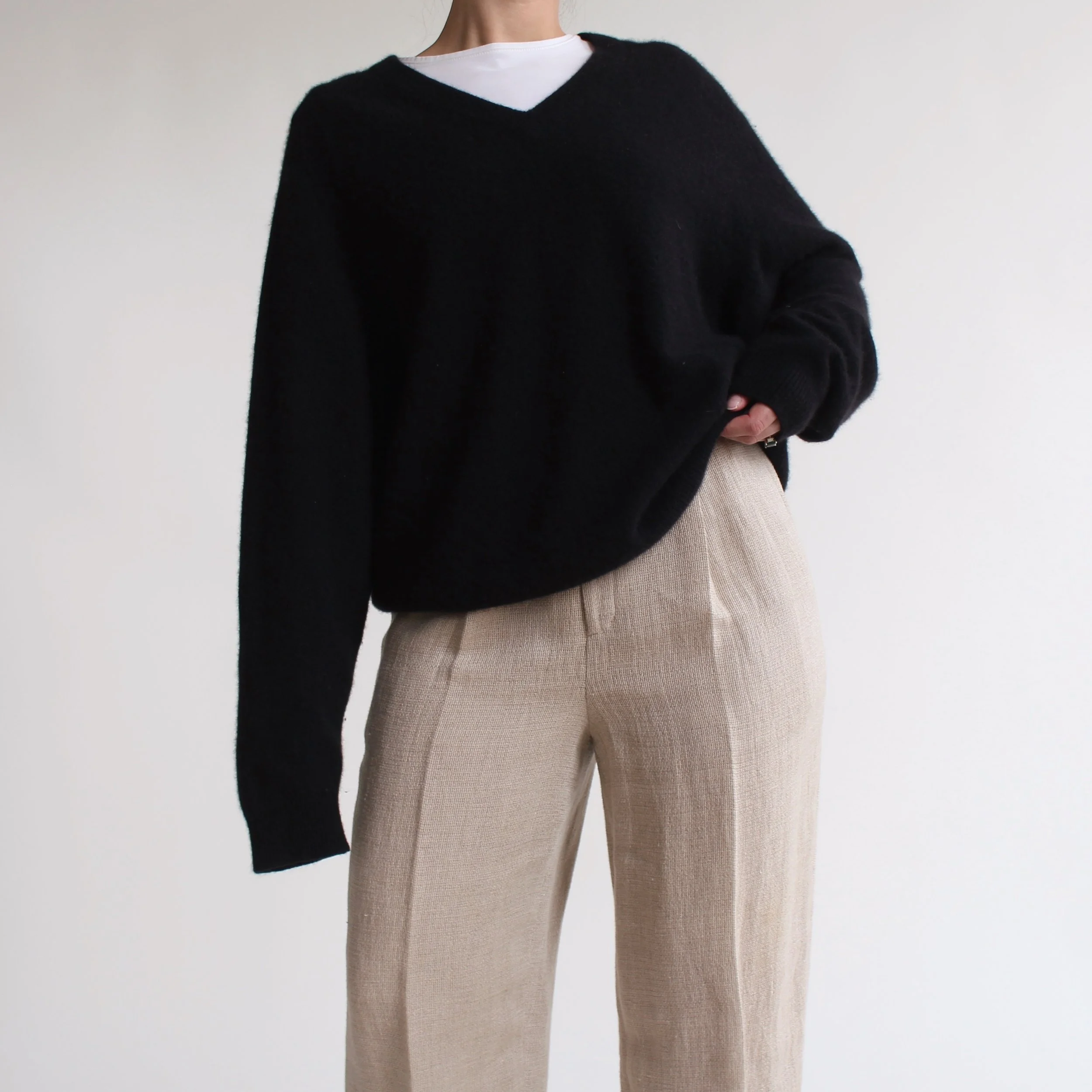 Vintage Jet Black V Neck Cashmere Sweater