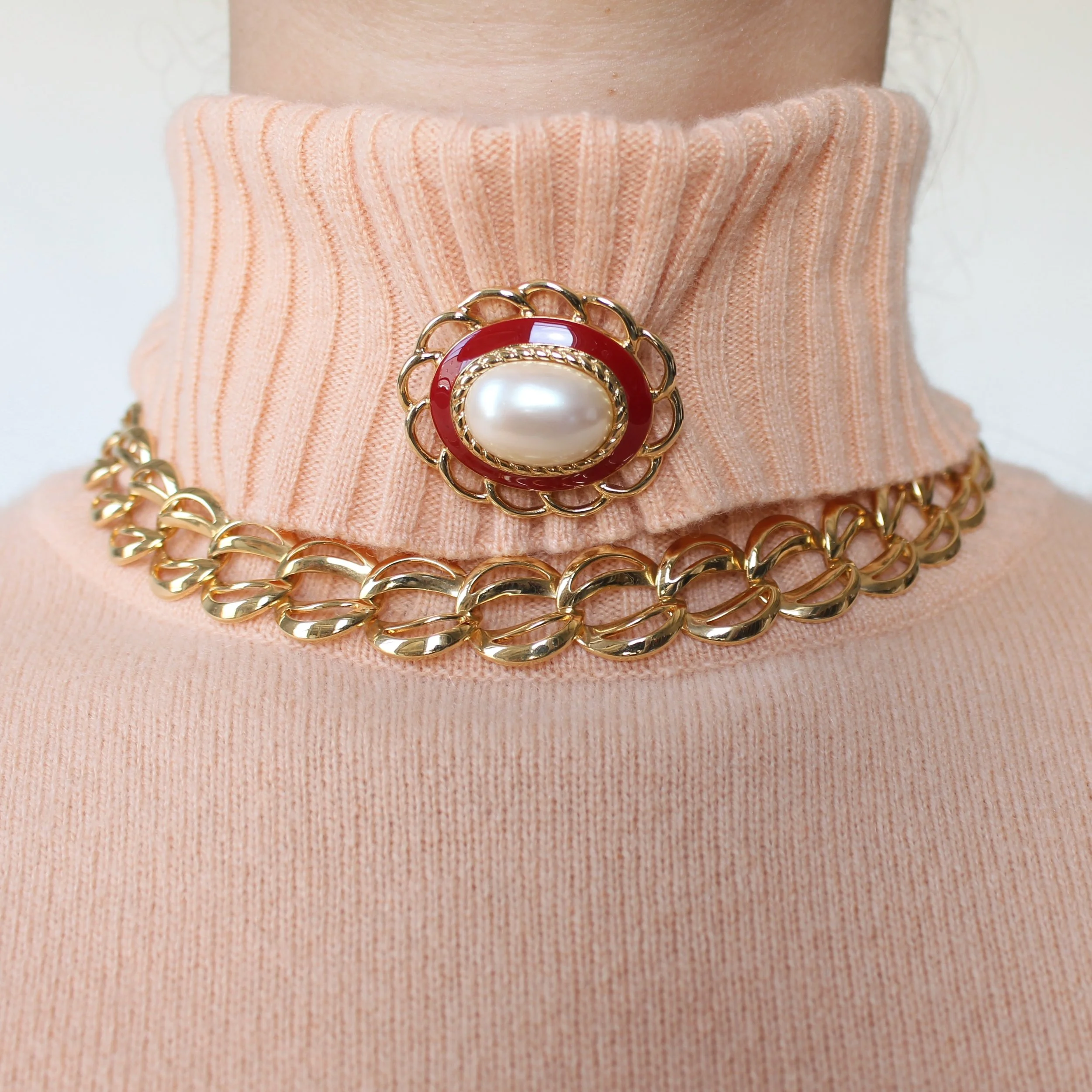 Vintage Monet Crimson Enamel Pearl Brooch