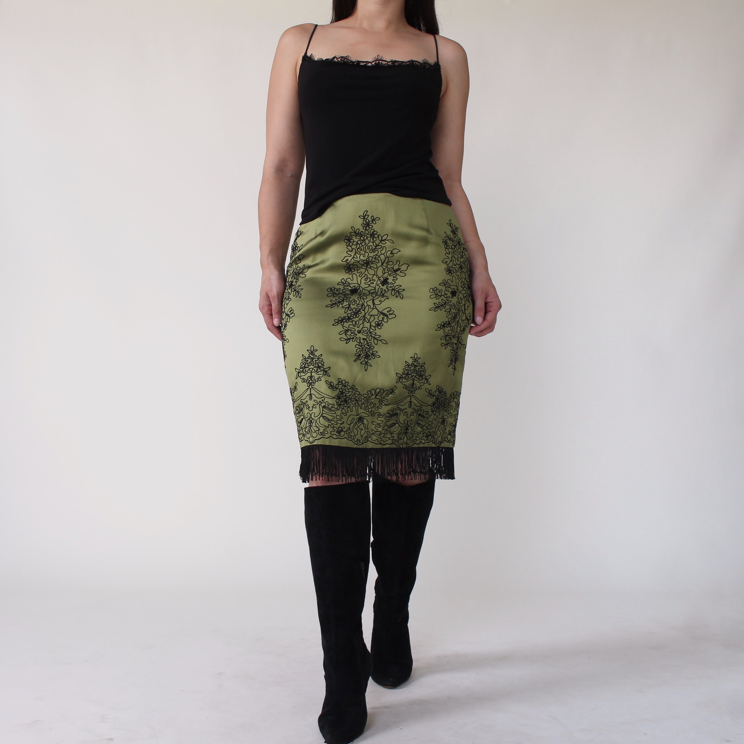 90s Moss Fringe Trim Embroidered Skirt - W29