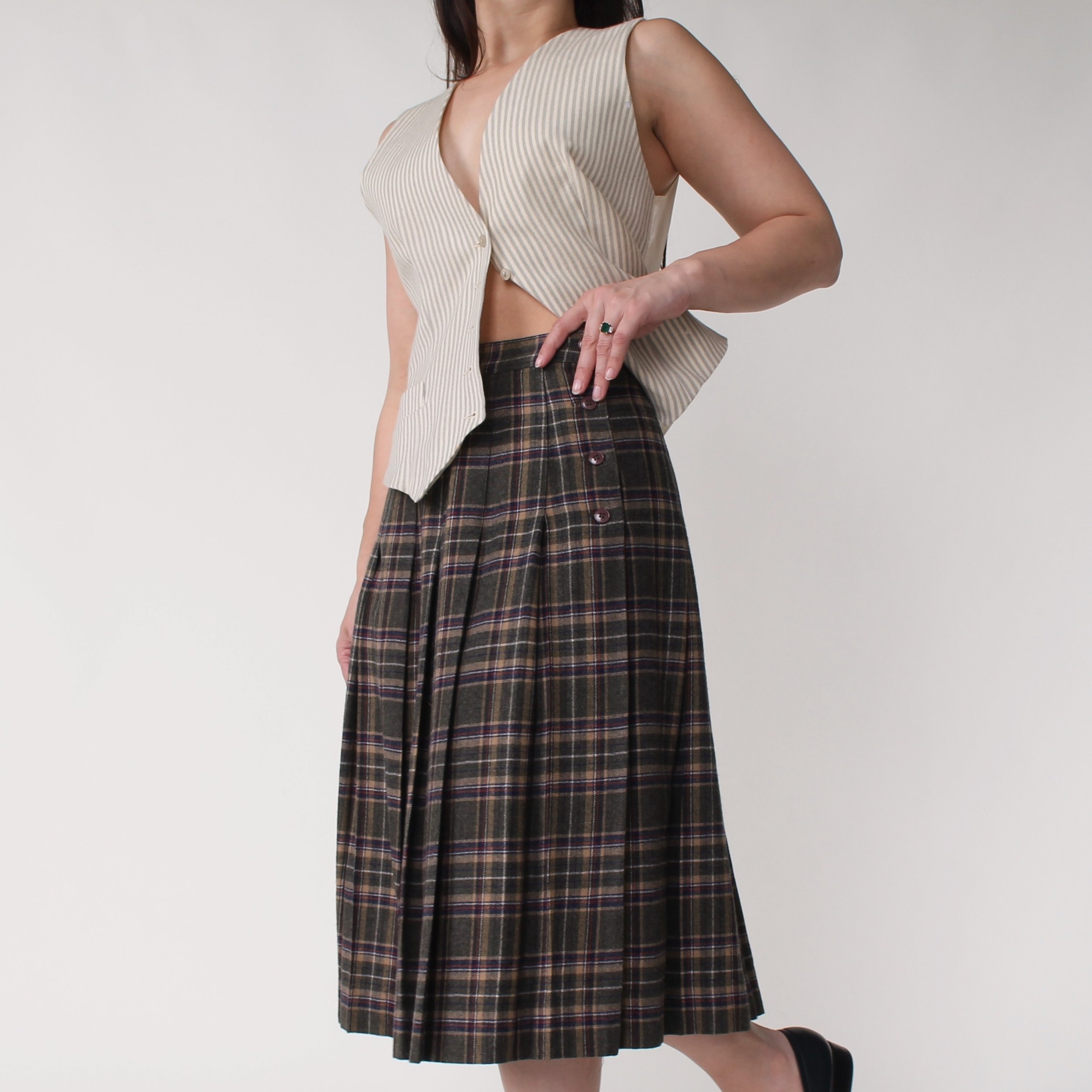 90s Plaid Pleated Wool Skirt - W28