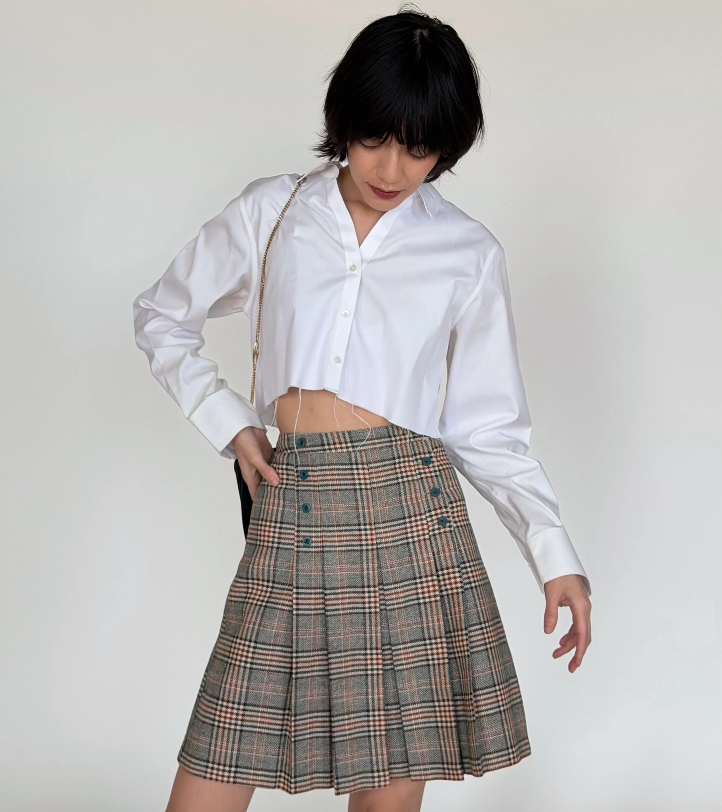 Vintage Teal Plaid Pleated Skirt - W26