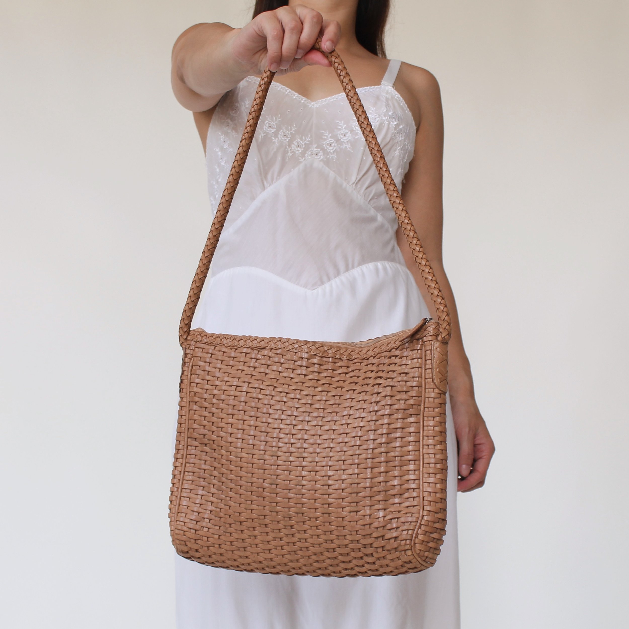 Vintage Caramel Woven Leather Shoulder Bag