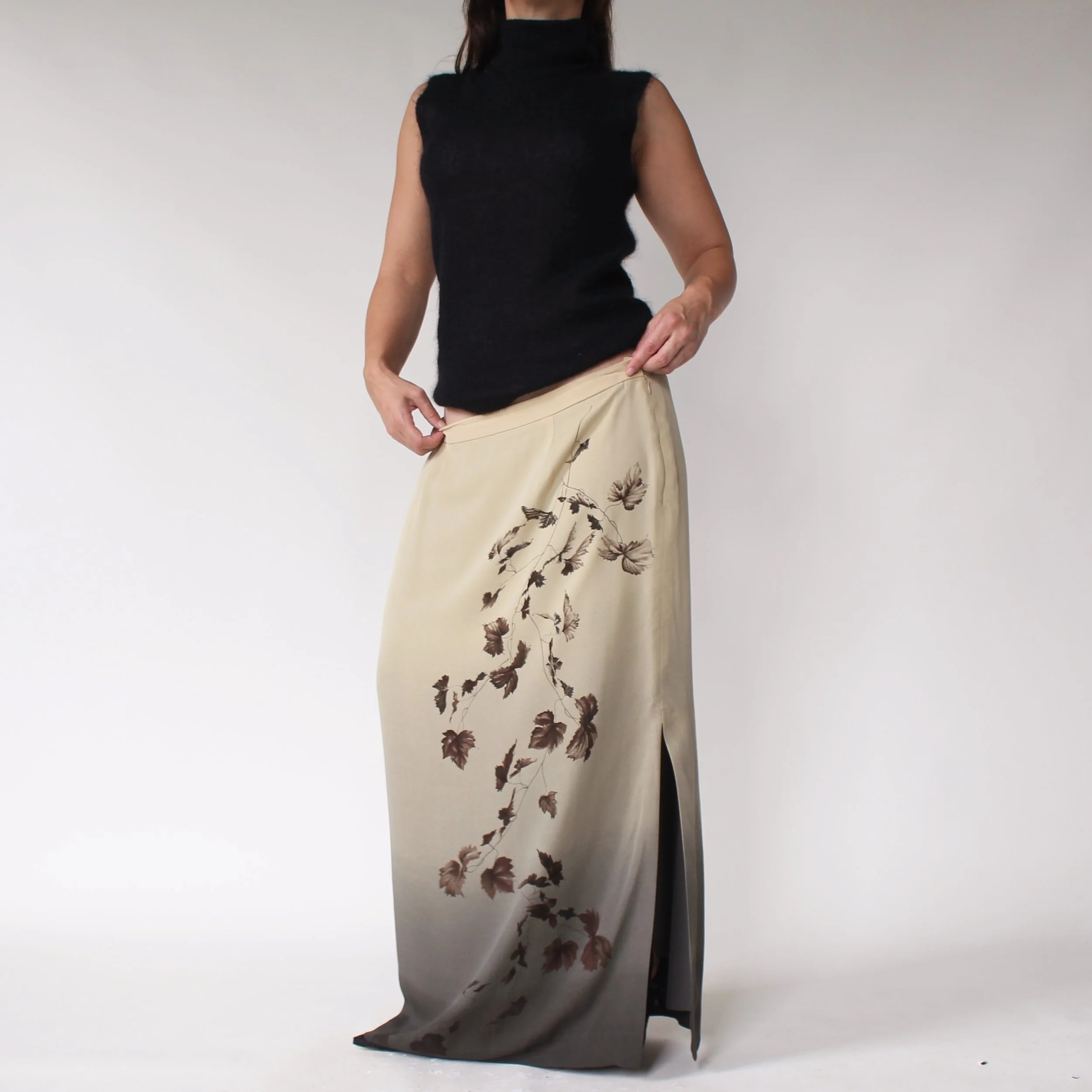 Vintage Falling Leaves Silk Maxi Skirt - W36