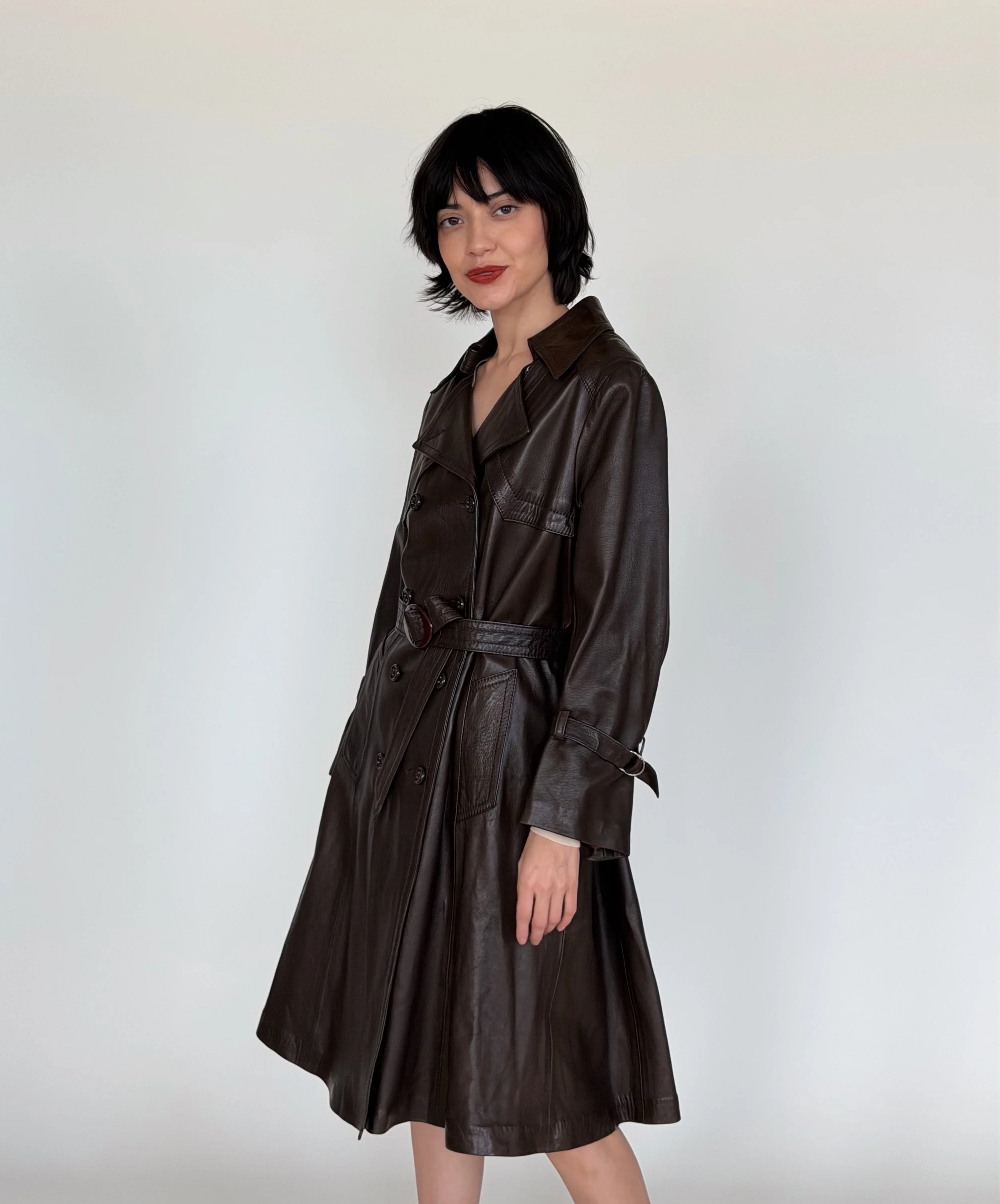 Vintage Espresso Belted Leather Coat