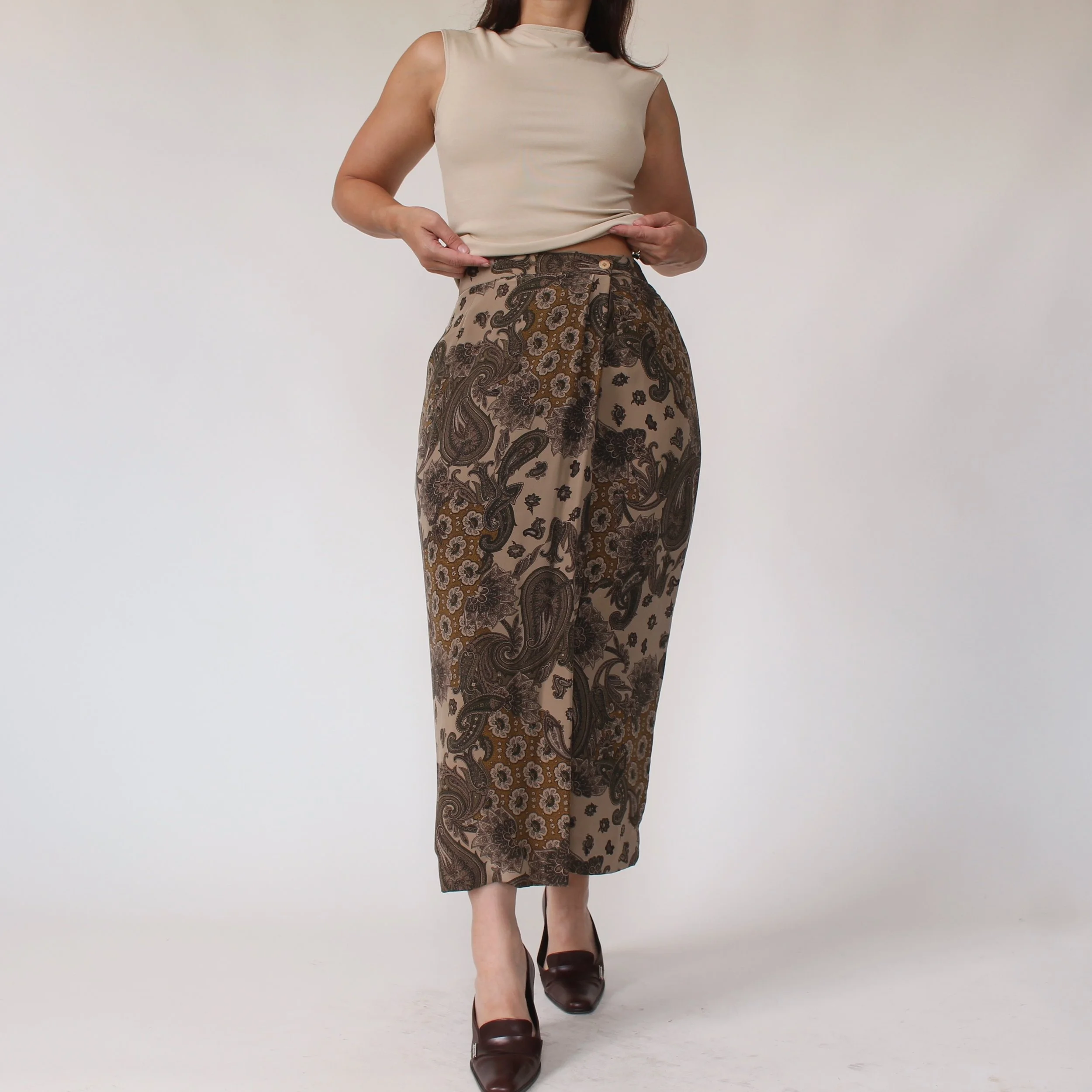 Vintage Olive Paisley Silk Skirt - W27