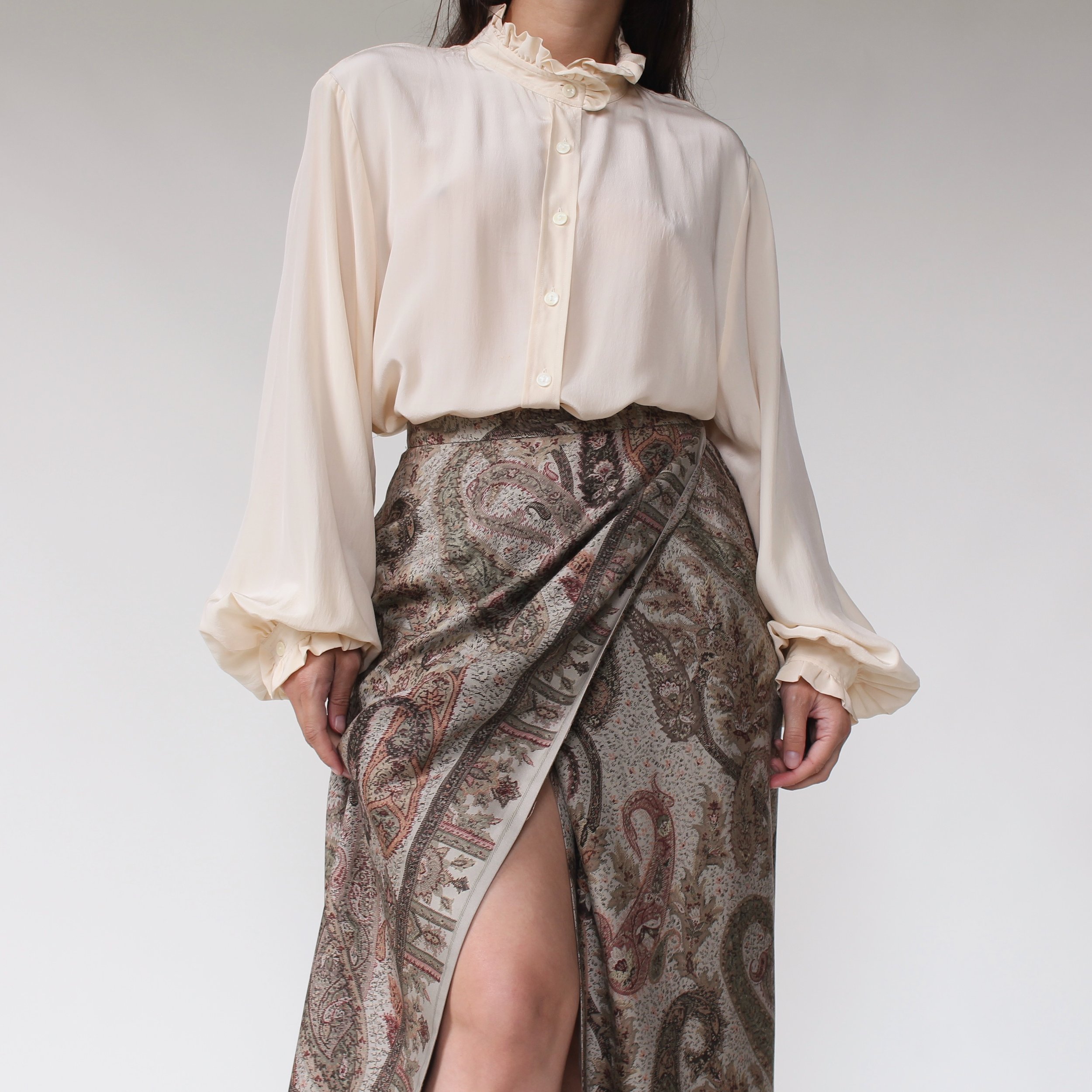 Vintage Ivory Silk Ruffle Trim Blouse