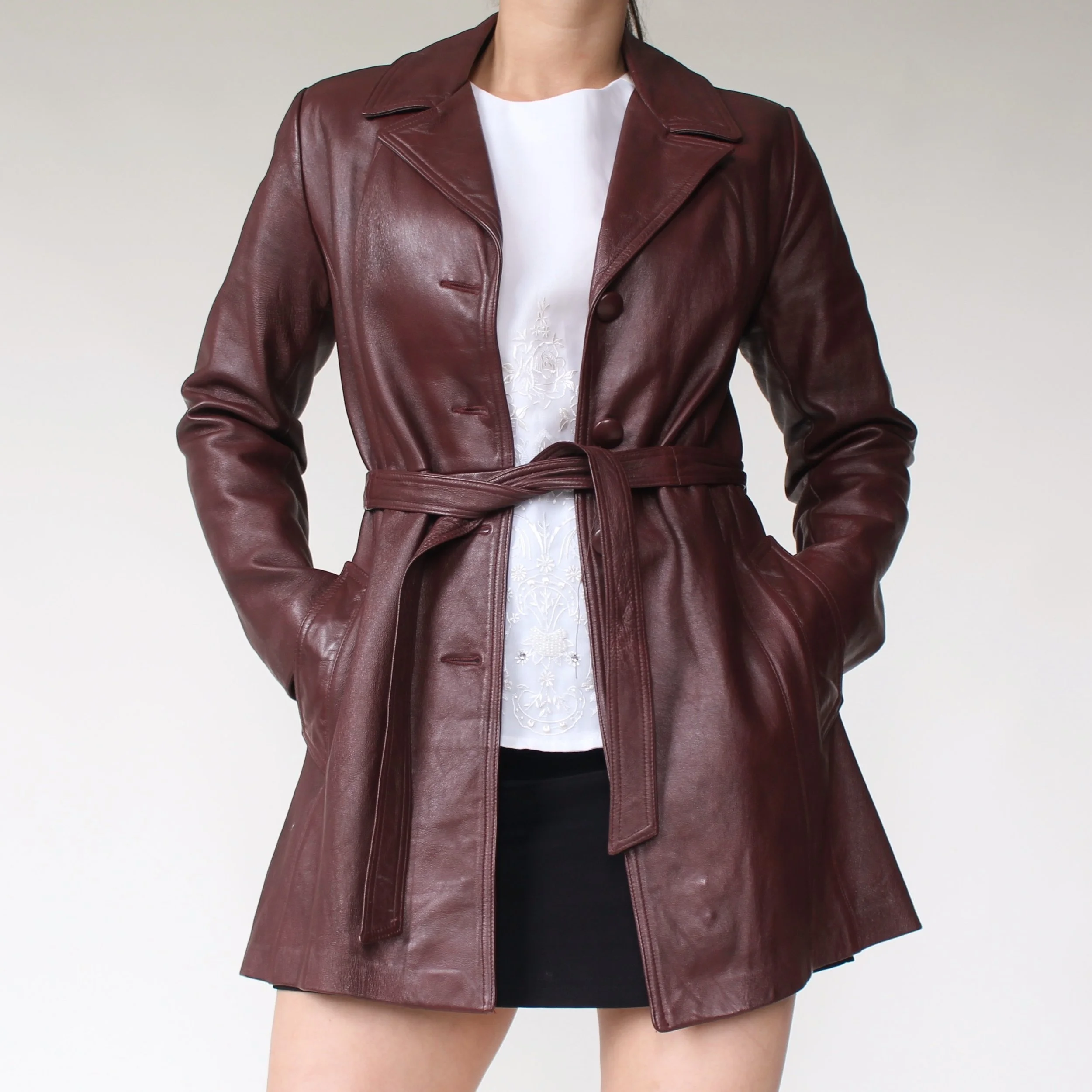 Vintage Burgundy Belted Leather Jacket