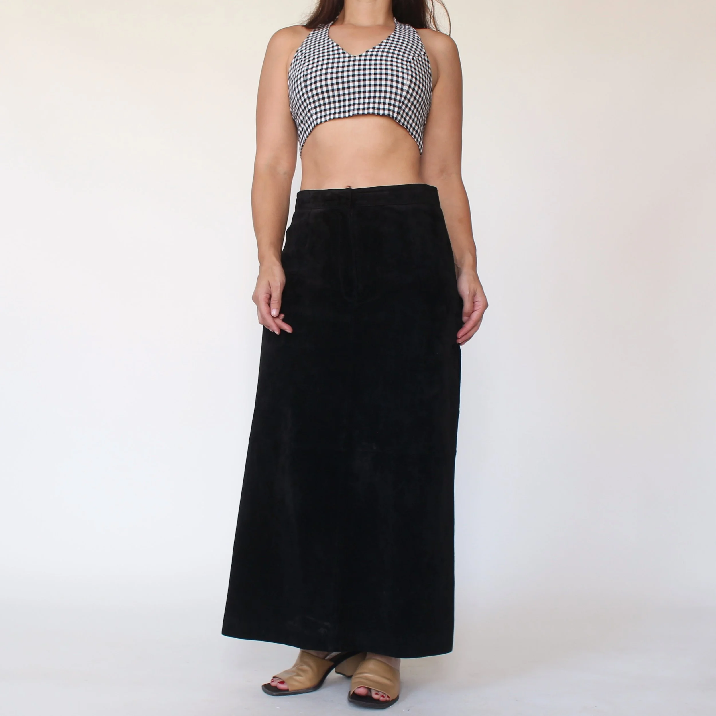 90s Soft Jet Black Suede Maxi Skirt - W29