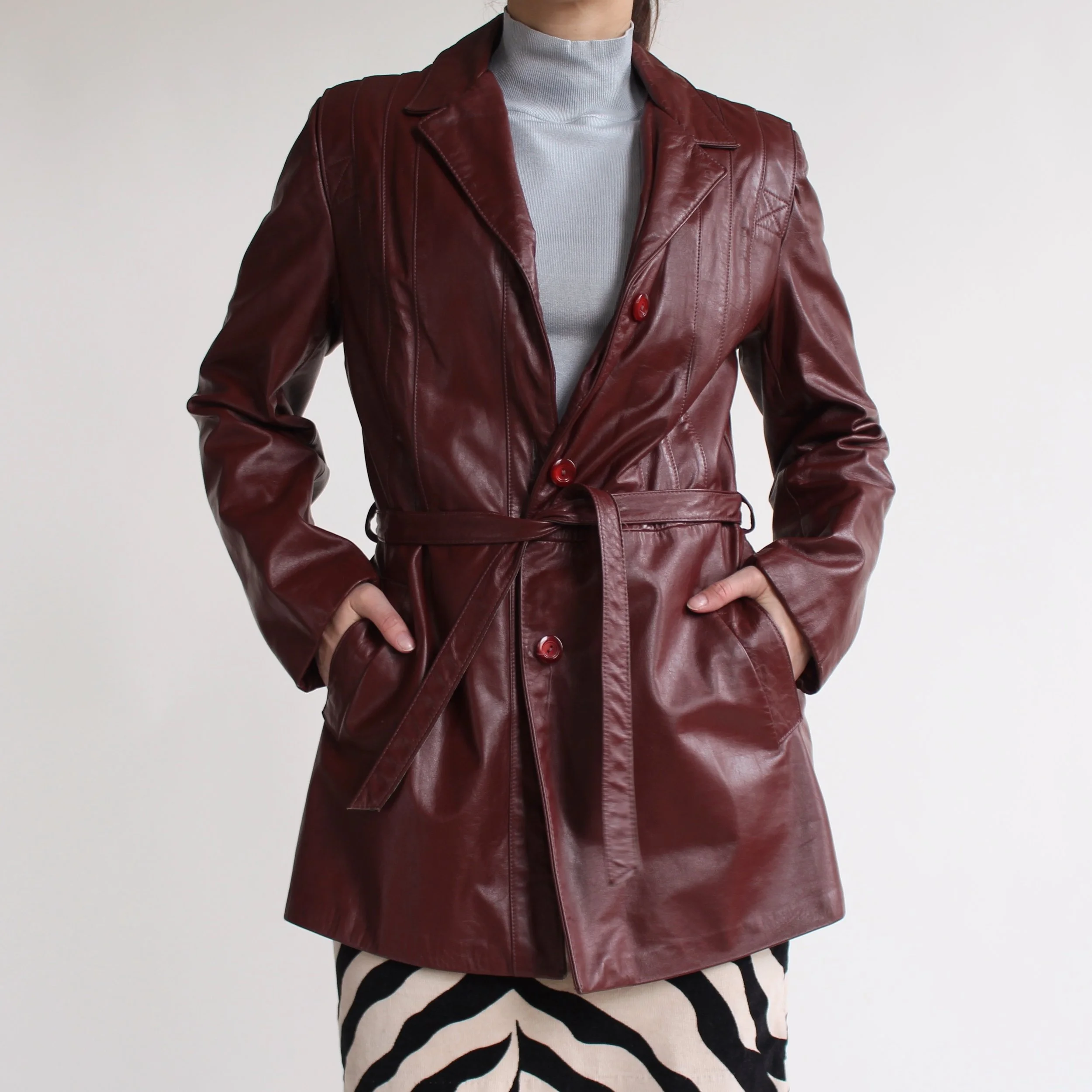 Vintage Belted Burgundy Leather Jacket