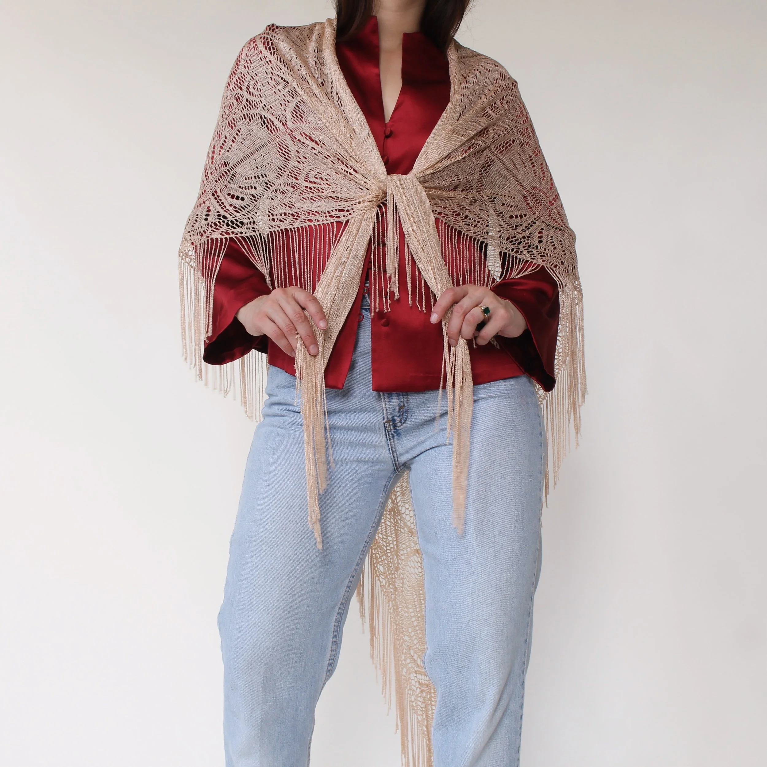 Vintage Peachy Lace Fringe Trim Shawl