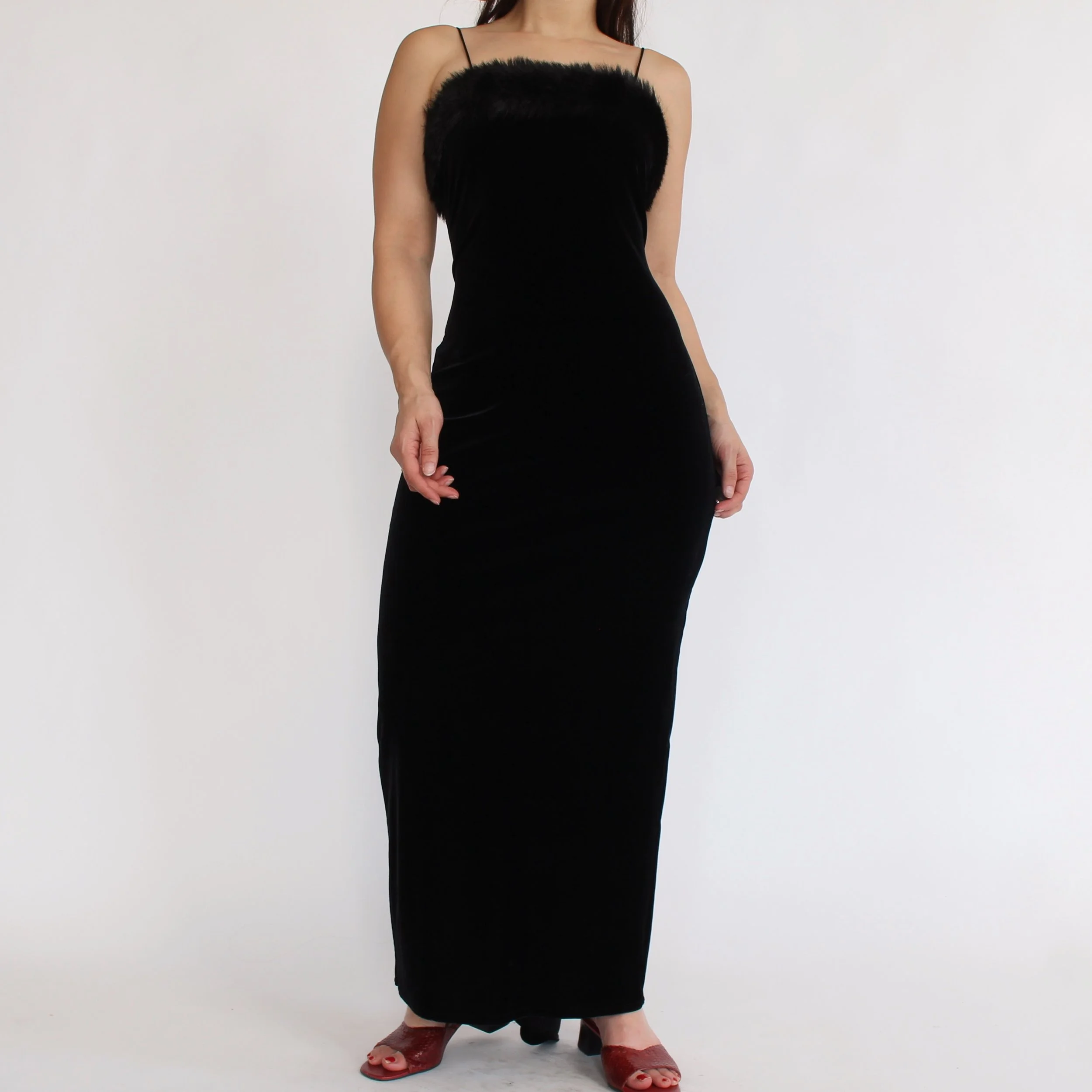 Vintage Fitted Velvet Faux Fur Trim Dress