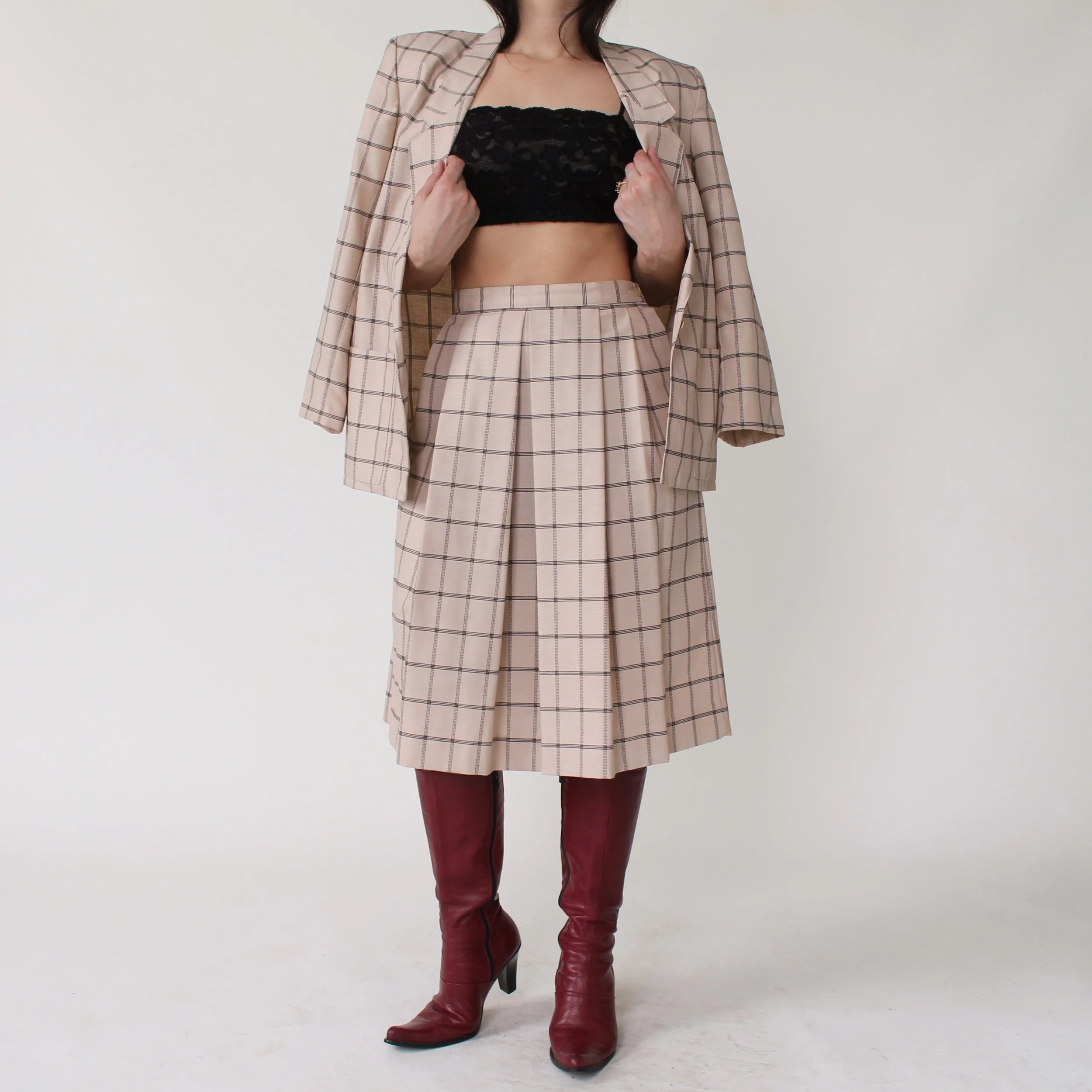 Vintage Windowpane Plaid Skirt Suit - W29