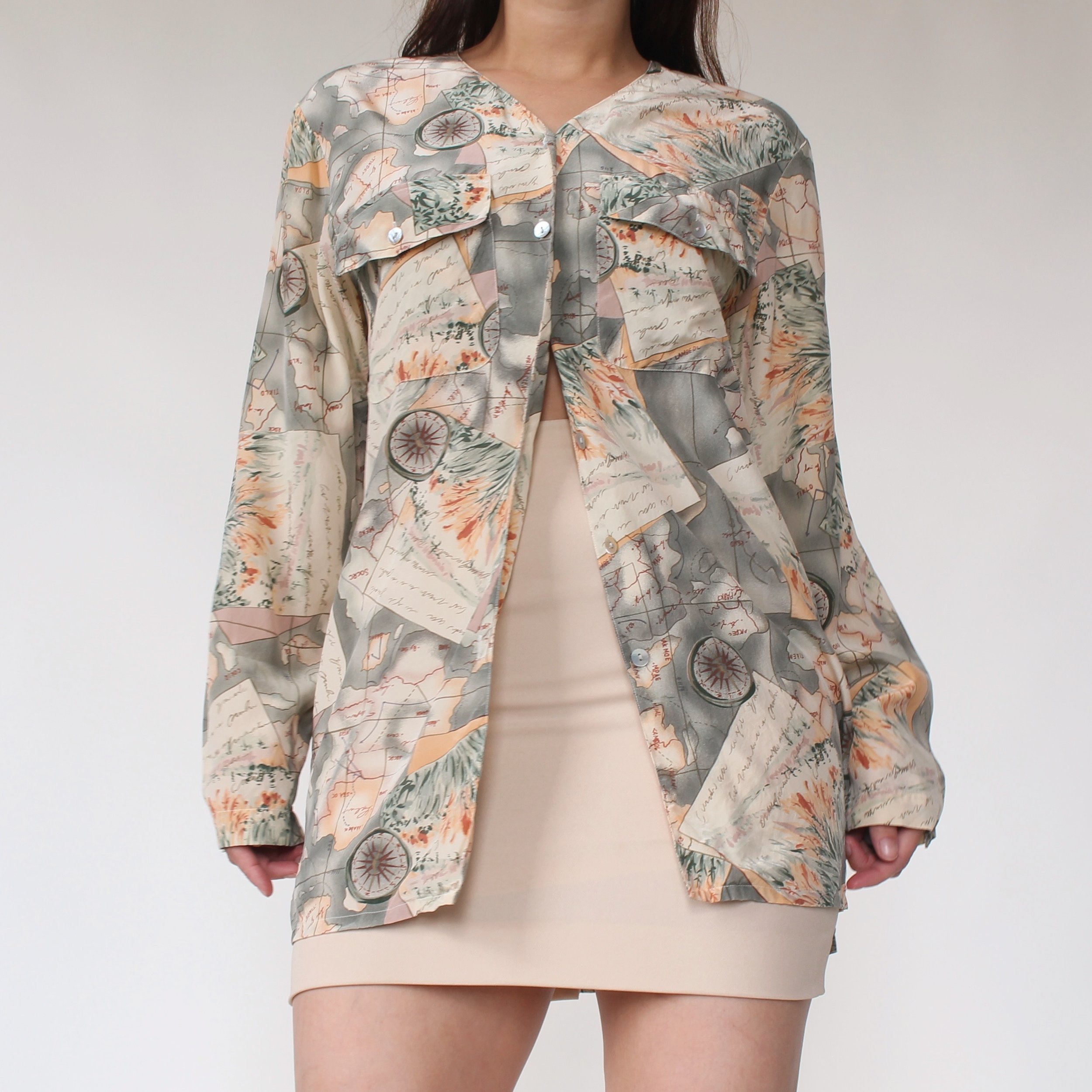 90s Travel Print Silk Blouse
