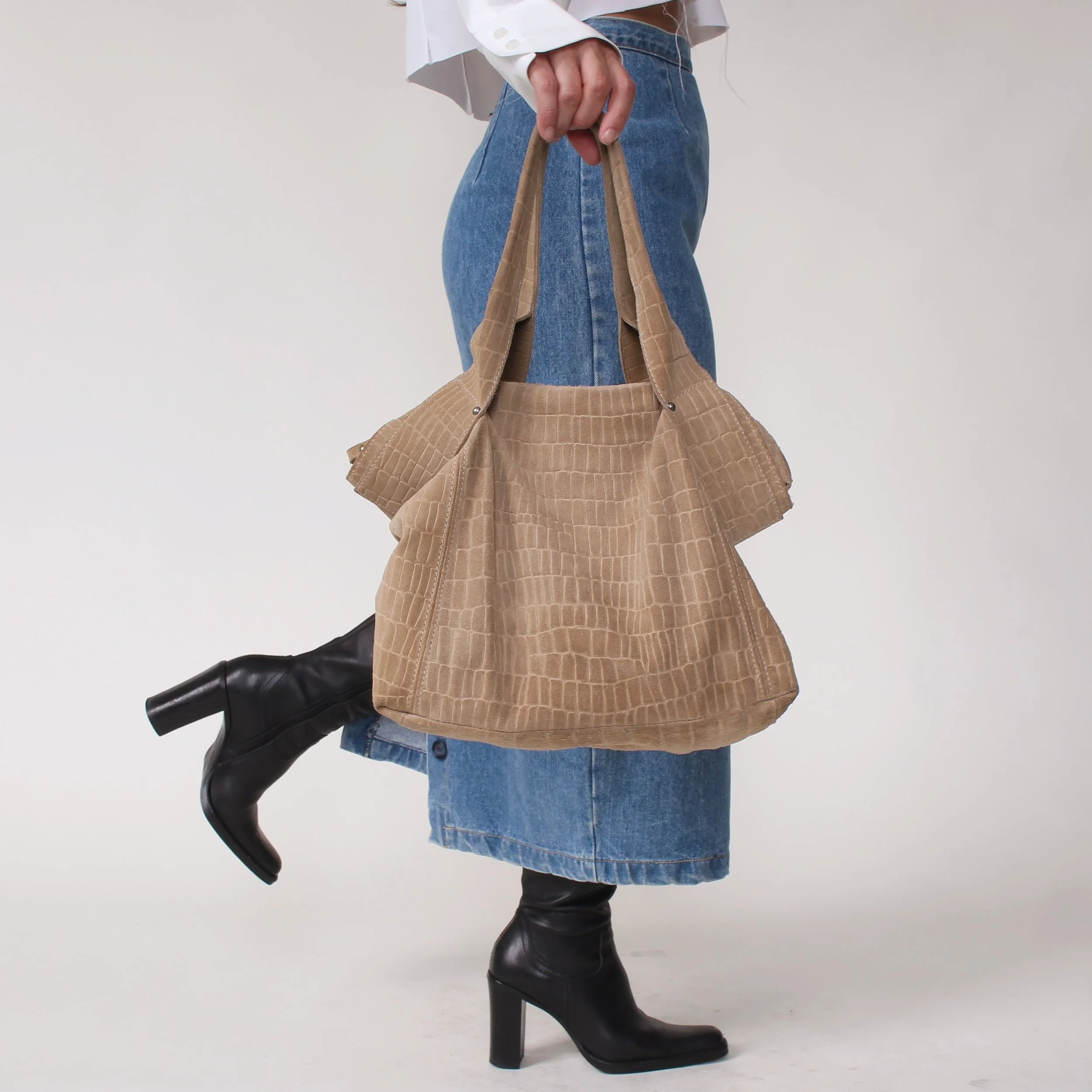 Vintage Taupe Embossed Italian Suede Bag