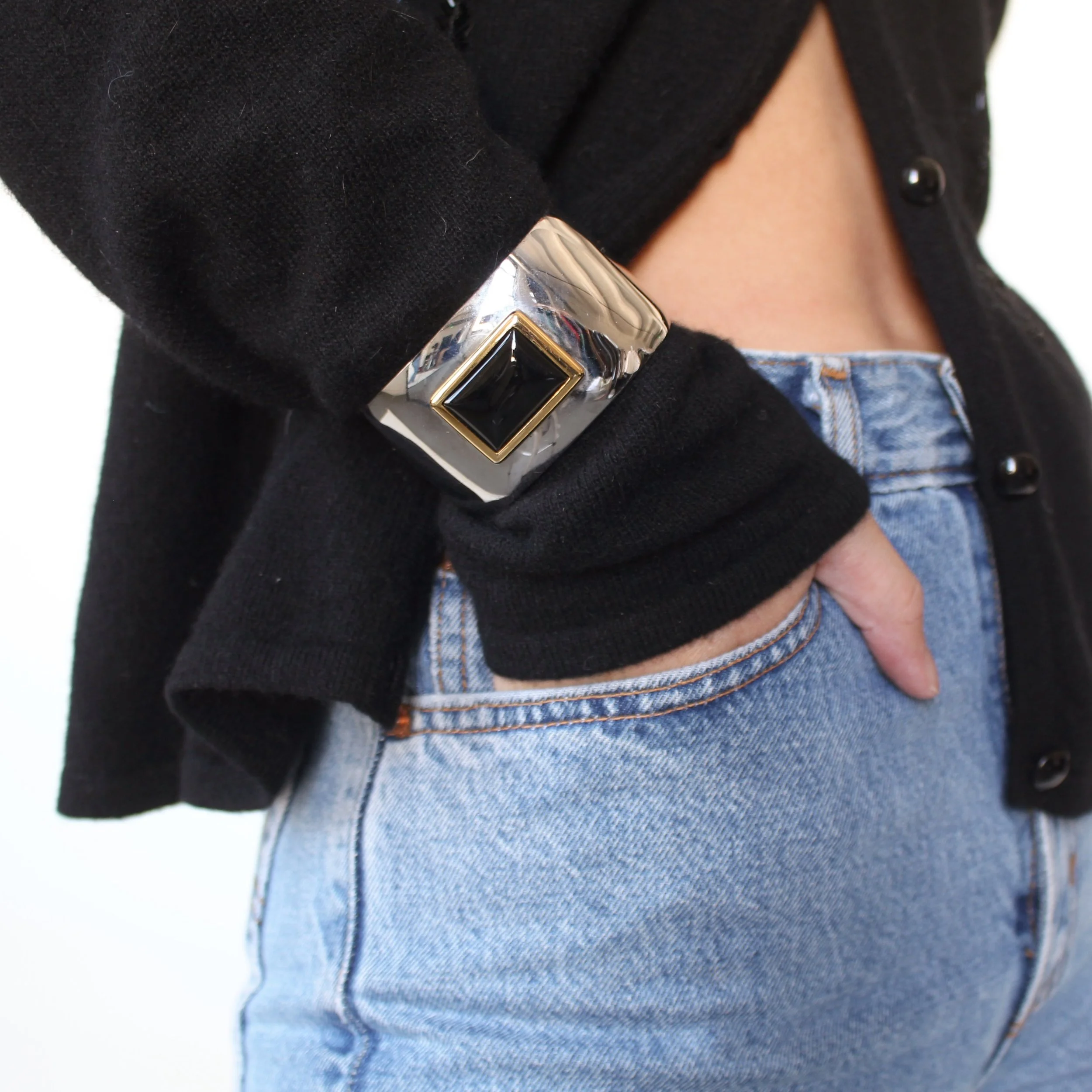 Vintage Two-Tone Onyx Panel Stainless Steel Cuff