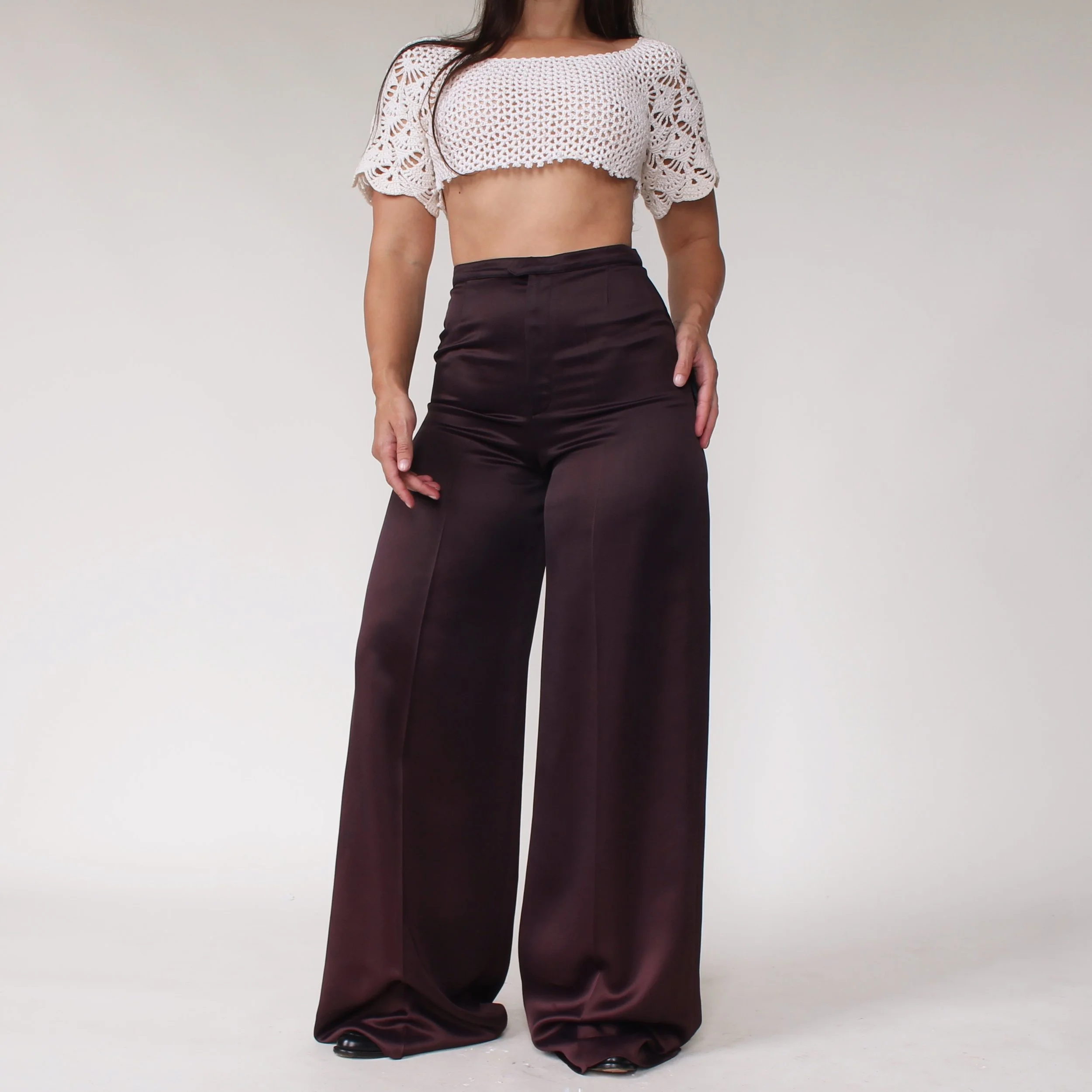 1970's YSL Rive Gauche Aubergine Satin Pants - W26