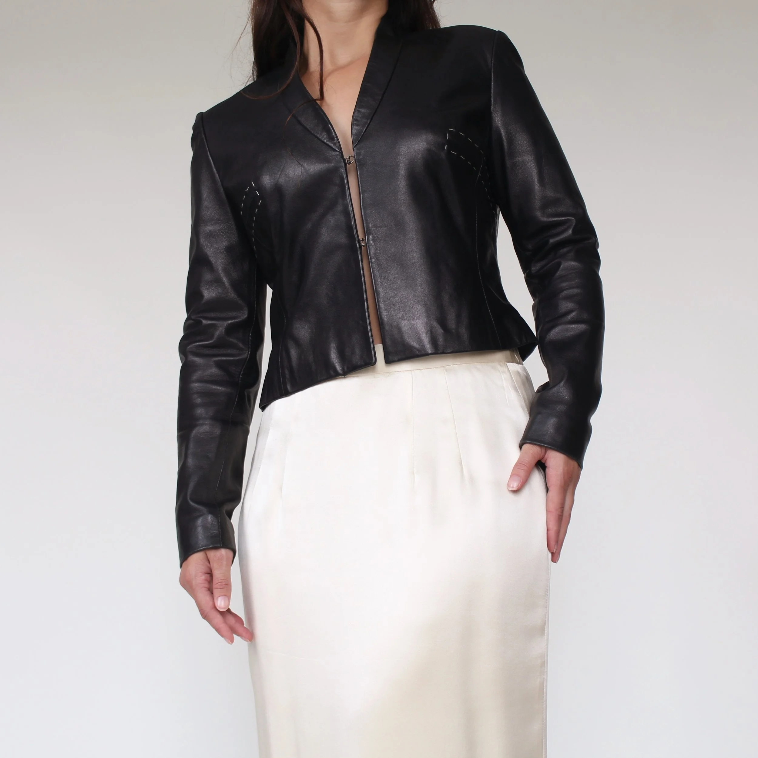 Vintage Contrast Stitch Cropped Leather Jacket