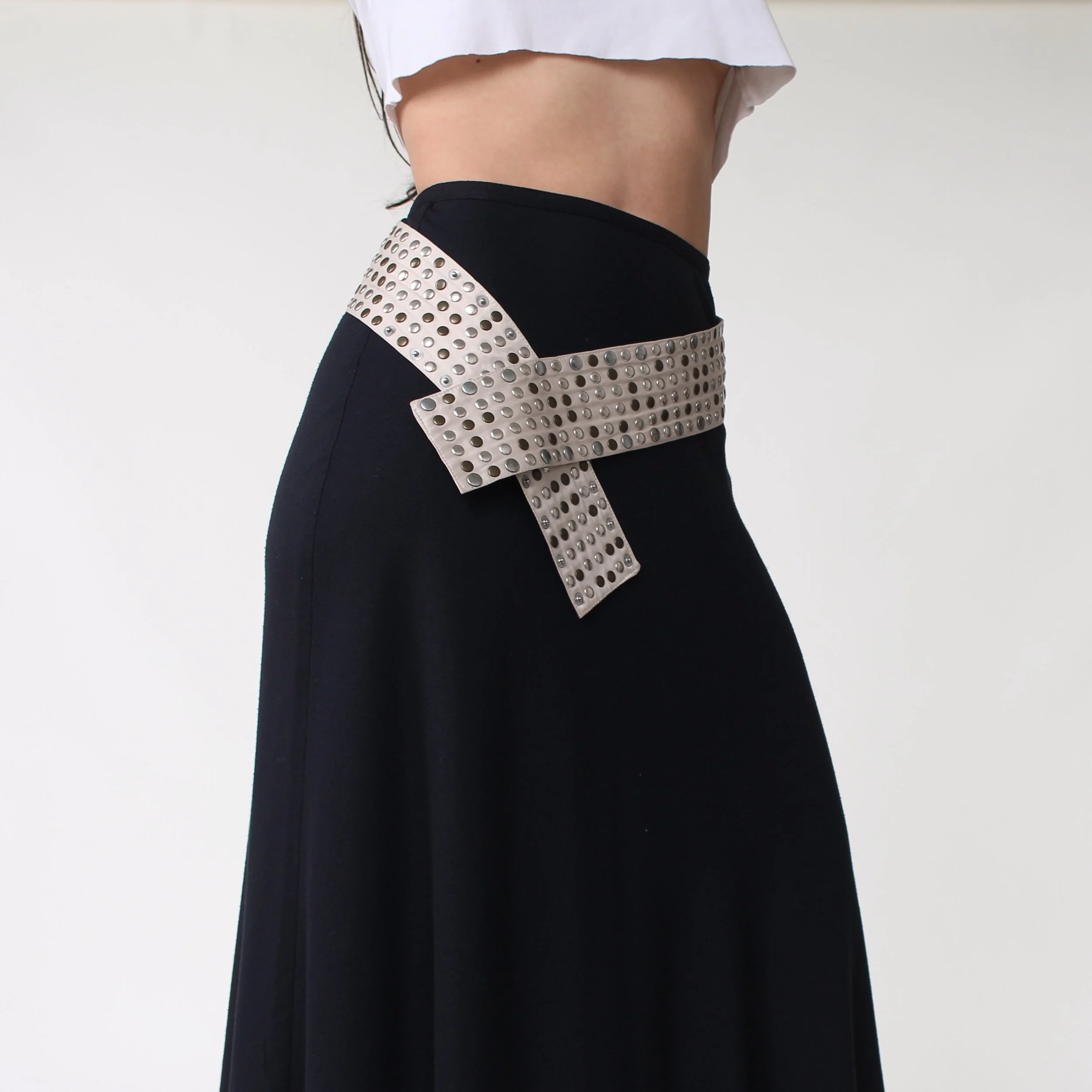 Vintage Ecru Snap Closure Studded Belt